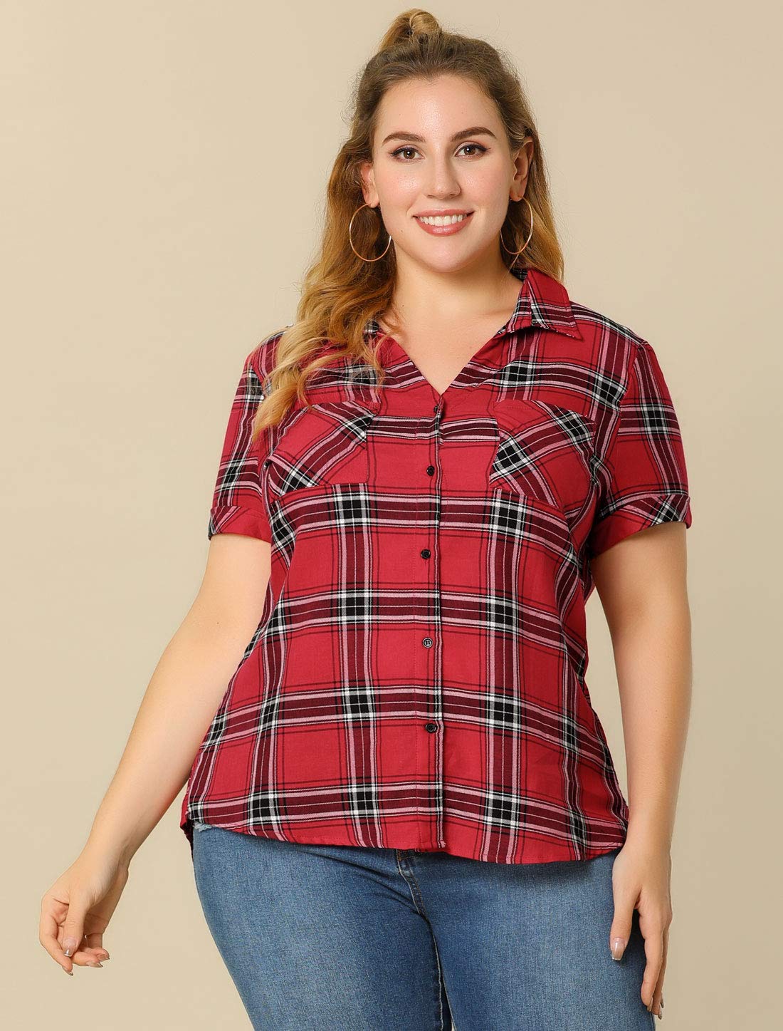 Allegra K Chemise classique à carreaux en coton pour femme - Rouge - Taille 3XL