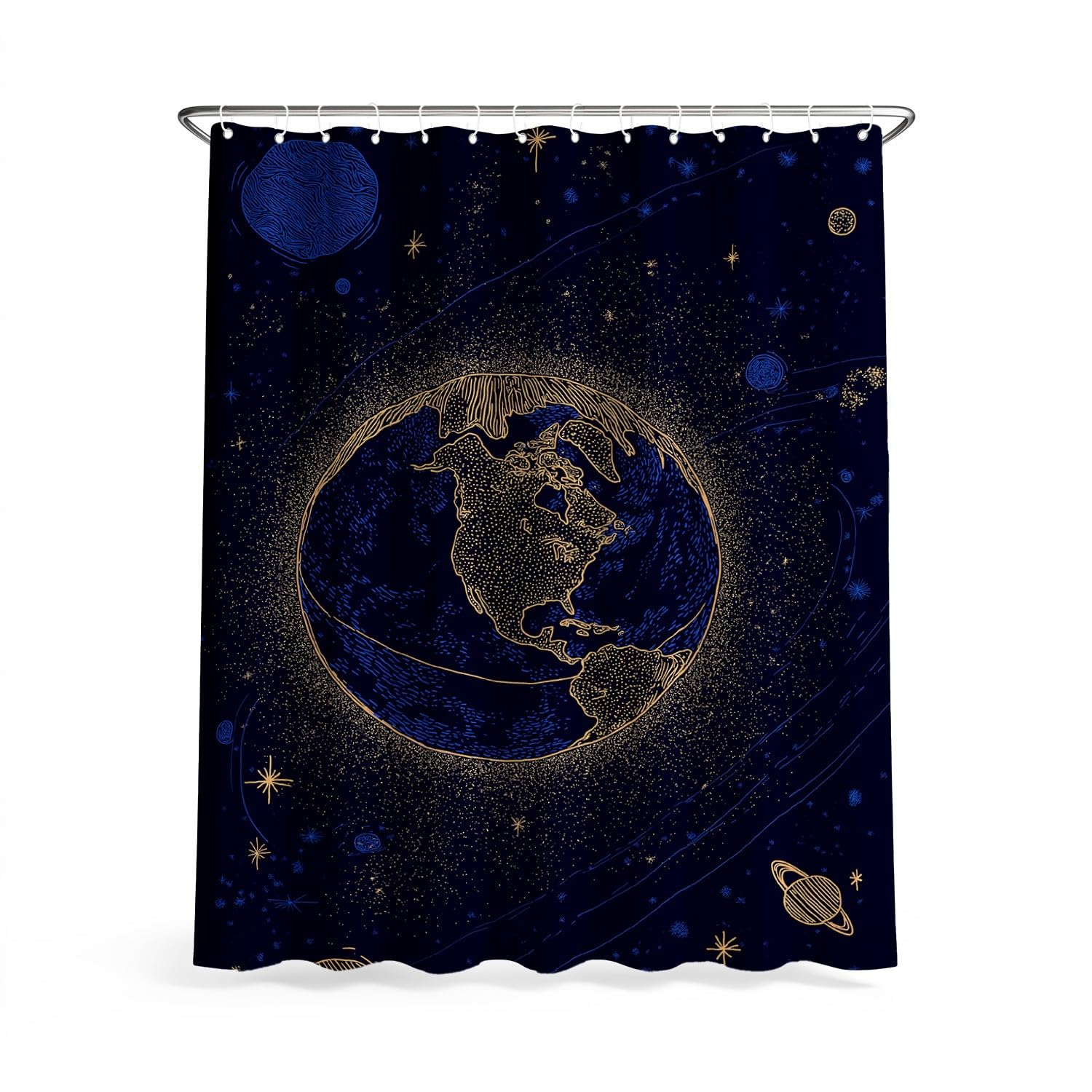 Generico Fantasia Tenda Da Doccia Misterioso Spazio Terra Blu Oro, Tenda Da Doccia Per Bagno, Vasca Da Bagno, Tenda In Poliestere Impermeabile Con Ganci In Plastica, 180 x 200 cm
