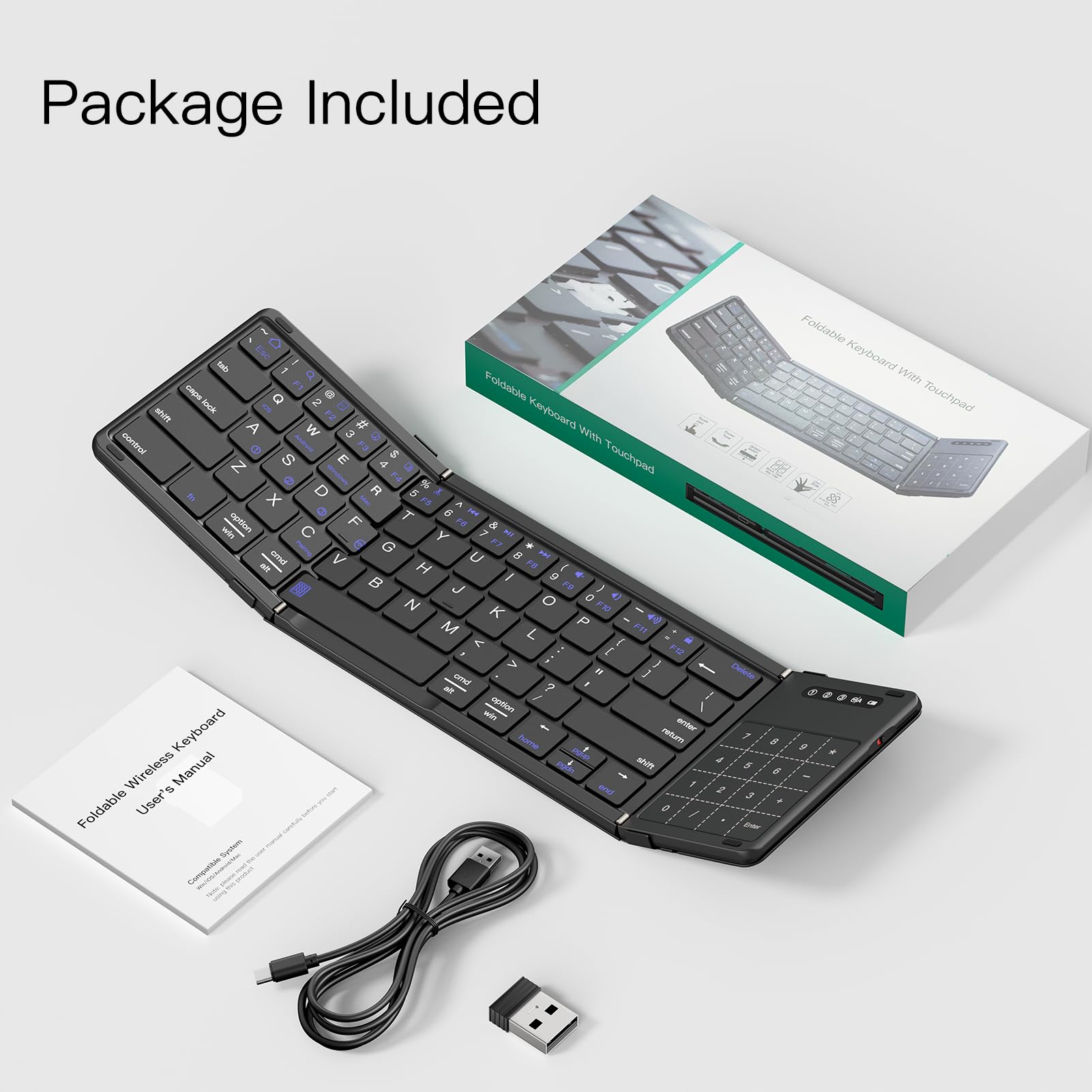 XIWMIX Tastiera Bluetooth pieghevole 2 in 1 con touchpad e tastierino numerico, multi-dispositivo pieghevole wireless ricaricabile portatile tastiera da viaggio per iPad, laptop, PC, compatibile con