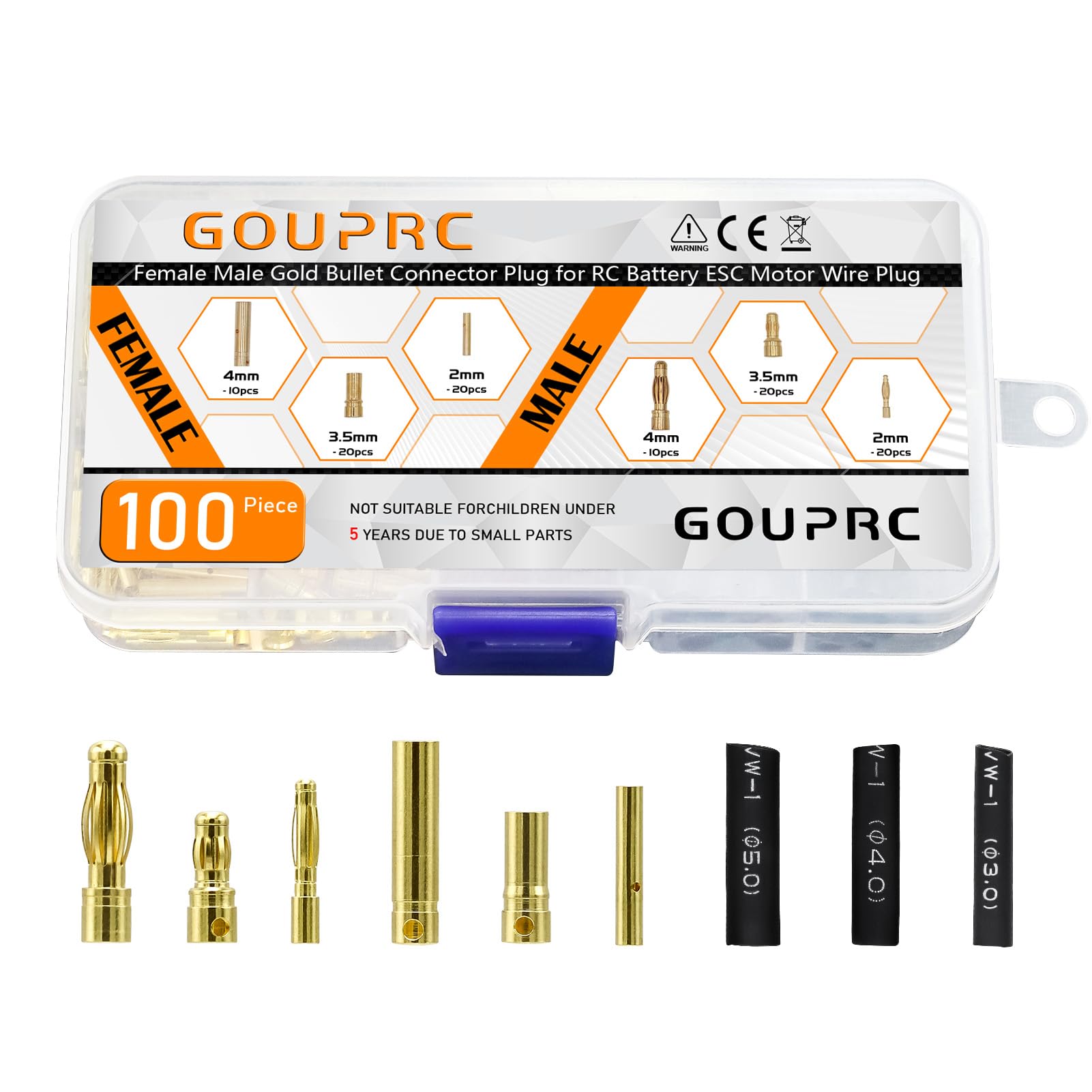 GOUPRC RC Bullet Connectors 2mm 3.5mm 4mm Female Male Gold Banana Bullet Connector Plug with Heat Shrink Tube for RC ESC Motor Battery Wire Plug (100PCS)