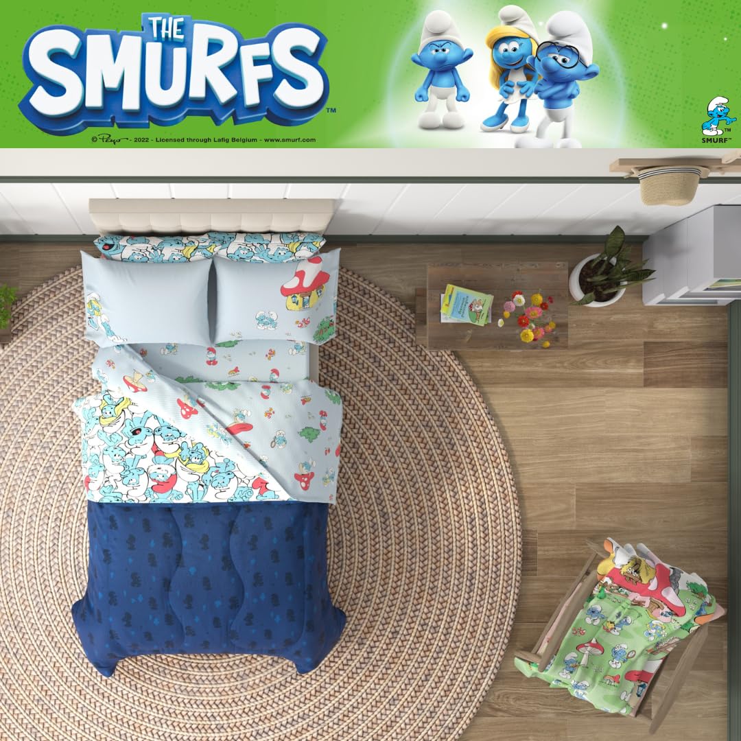 Franco The Smurfs Kinder-Bettwäsche-Set, superweich und gemütlich, wendbar, Mikrofaser, mit Kissenbezug, 5-teiliges Doppelbett, offizielles Lizenzprodukt