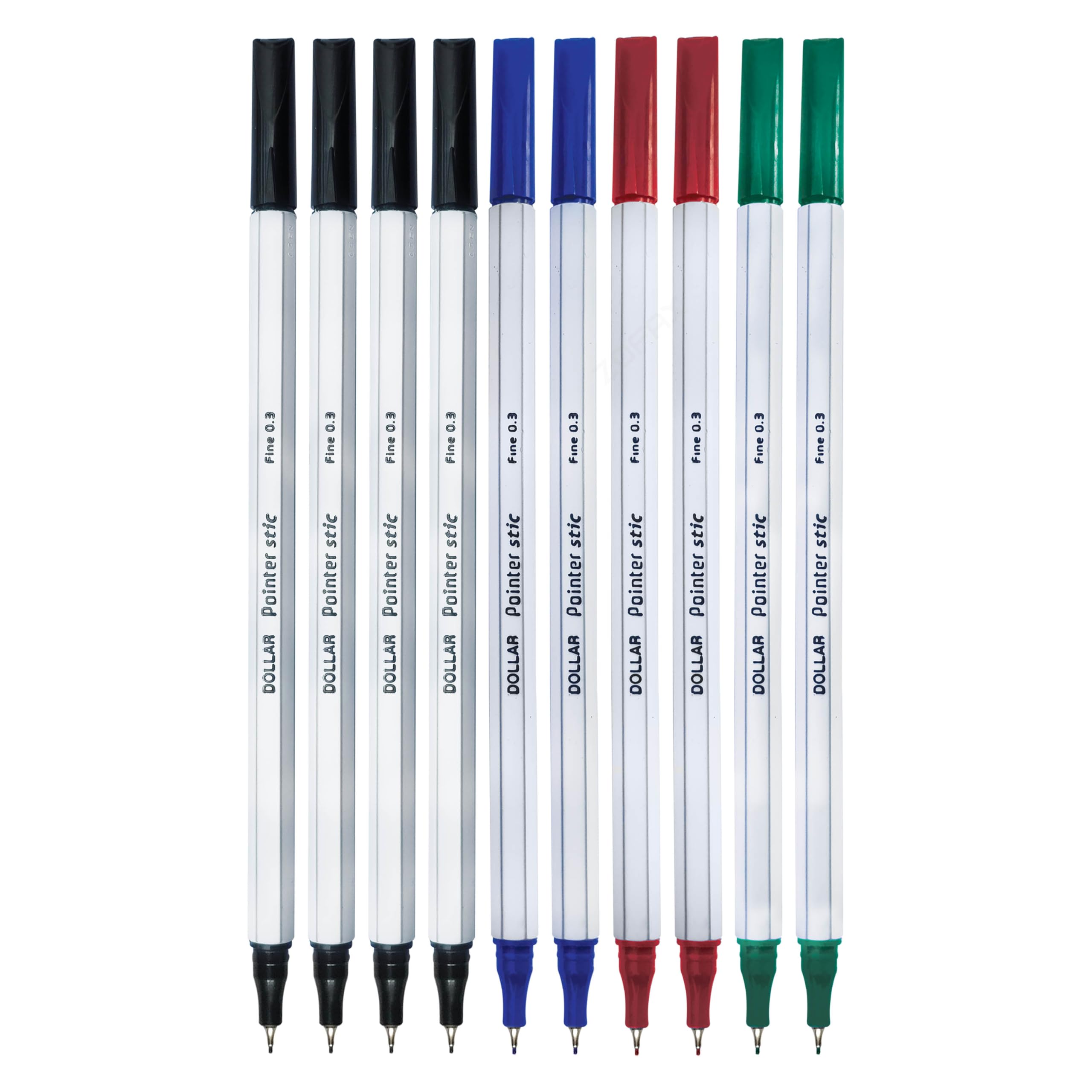 DOLLAR PointerStic Fineliner Pens, 4 x BLACK 2 x BLUE 2 x RED 2 x GREEN, Fine Point (0.3mm), Pack of 10, Precise Write Draw Sketch Colour, Ideal for Artists Architects Technical Drawing