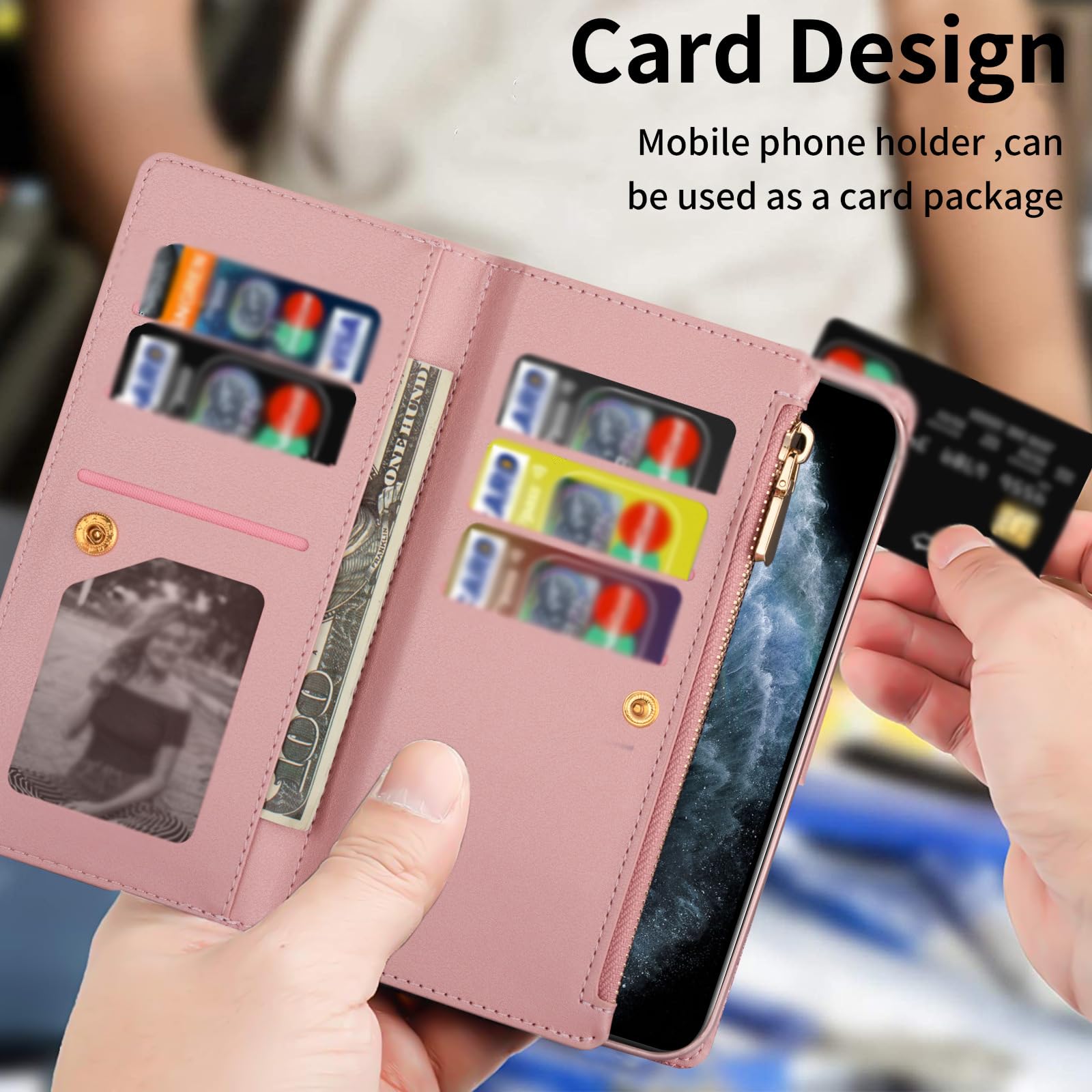 Brokatowe etui do Samsung Galaxy Z Fold 5, portfel na zamek błyskawiczny z uchwytem na karty, retro skóra PU, pasek na nadgarstek z klapką, etui folio etui, niebieskie