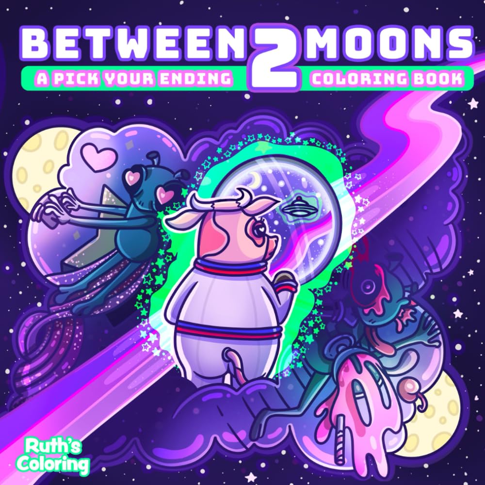 Between 2 Moons Coloring Book, Pick Your Ending Coloring Book, Hand-Drawn Illustrations, Quirky Coloring Book for Relaxation and Stress Relief (Easy Coloring Books)