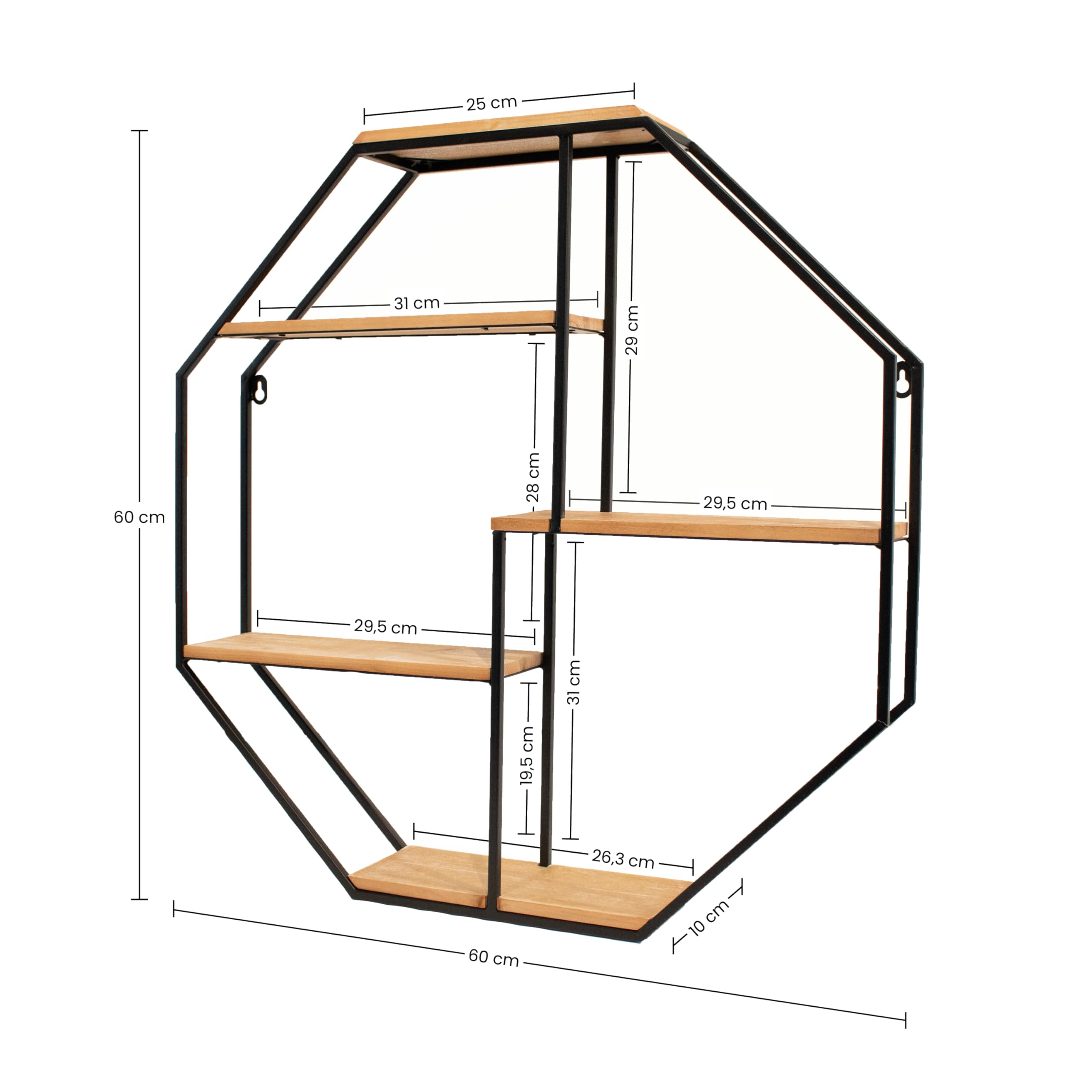 Kyto Wandregal Achteckig 60x60cm Durchmesser, Robustes Oktagon Deko Regal aus Metall Oktagonalform und 5 Holz Ebenen
