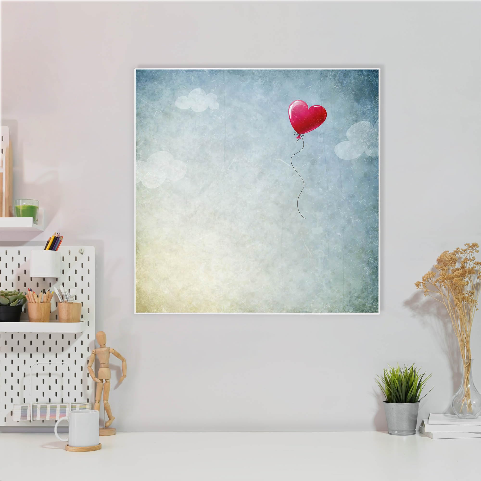banjado Magnettafel 50 x 50 cm/Magnetwand aus Metall/Magnetpinnwand als Memoboard/Pinnwand Magnettafel Küche, Büro, Kinderzimmer inkl. 4 Magnete & Montageset - Motiv Herzballon