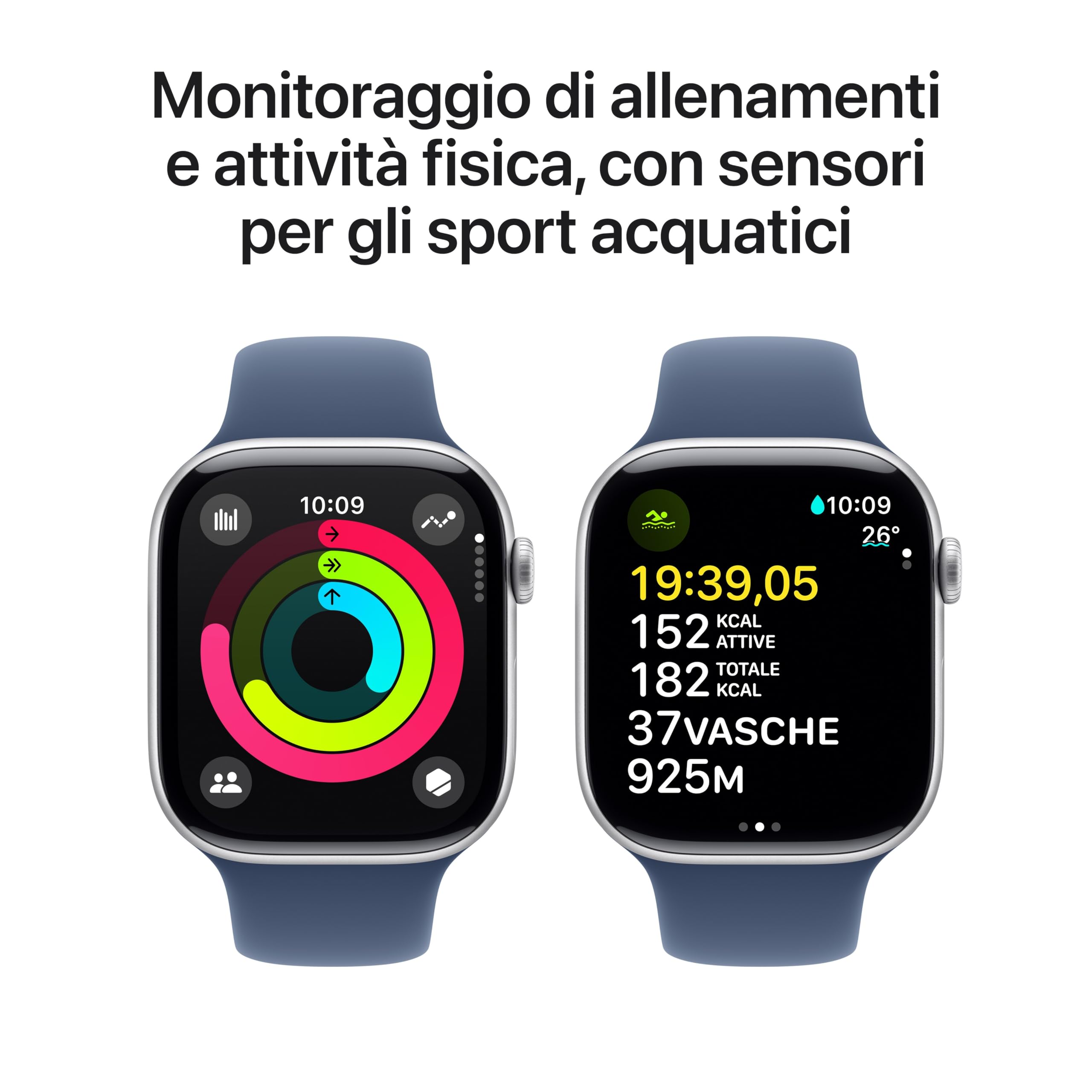 Apple Watch Series 10 GPS 46 mm Smartwatch con cassa in alluminio e cinturino Sport Loop Denim - S/M. Fitness tracker, app ECG, display Retina always-on, Carbon Neutral