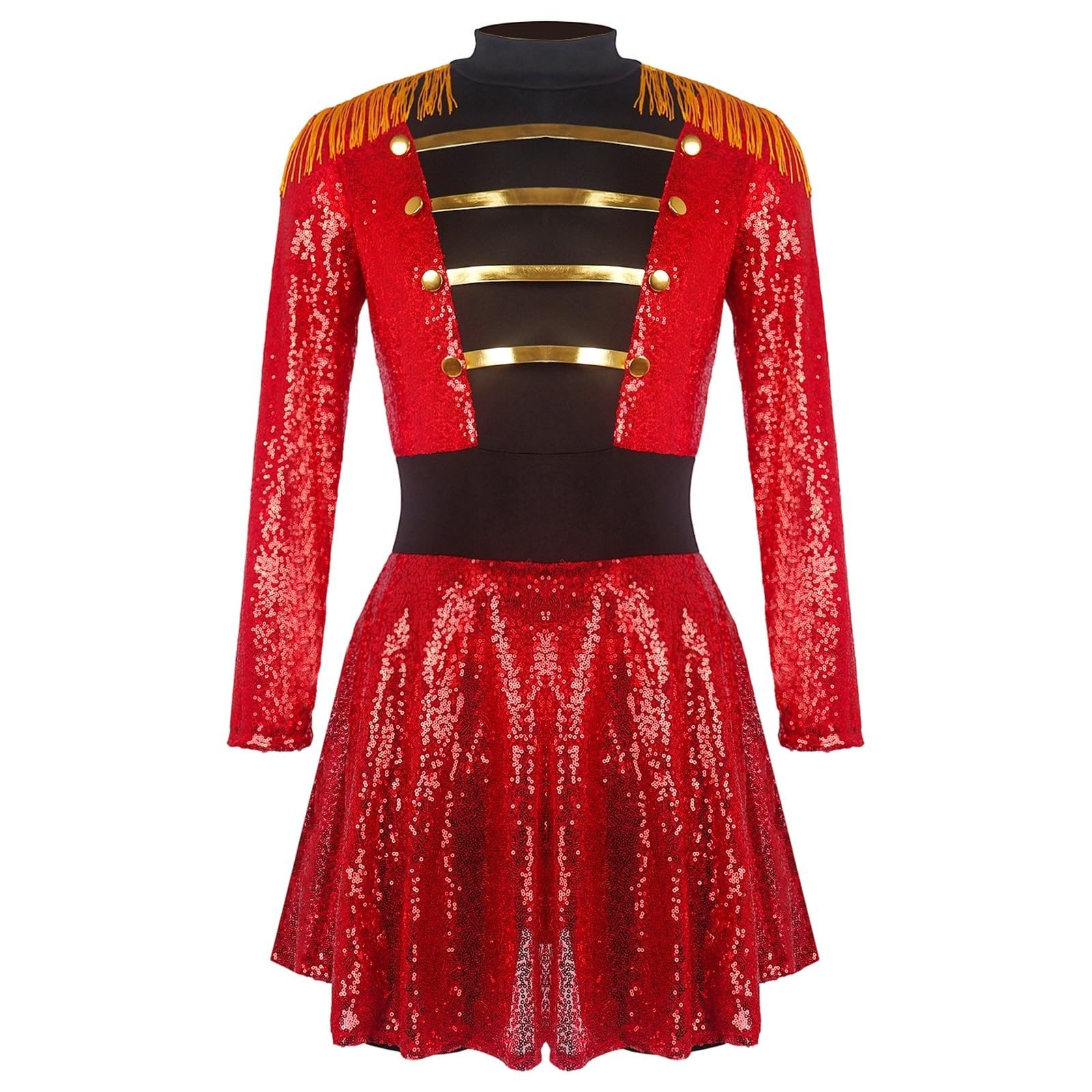Vestito da donna, costume da circo, con paillettes, gonna a pieghe, a maniche lunghe, con frange, direttore del circo, costume da ballo da donna