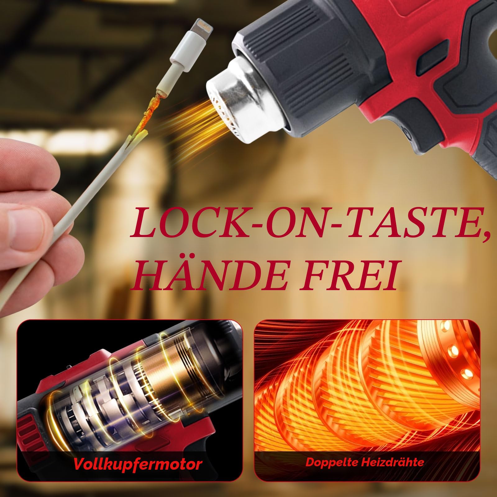 Akku-Heißluftpistole für Milwaukee 18 V Akku, schnurlose Heißluftpistole mit LCD-Display und 5 Düsen, 50 °C - 550 °C, variable Temperaturregelung zum Schrumpfen von PVC, Basteln (keine Batterie)
