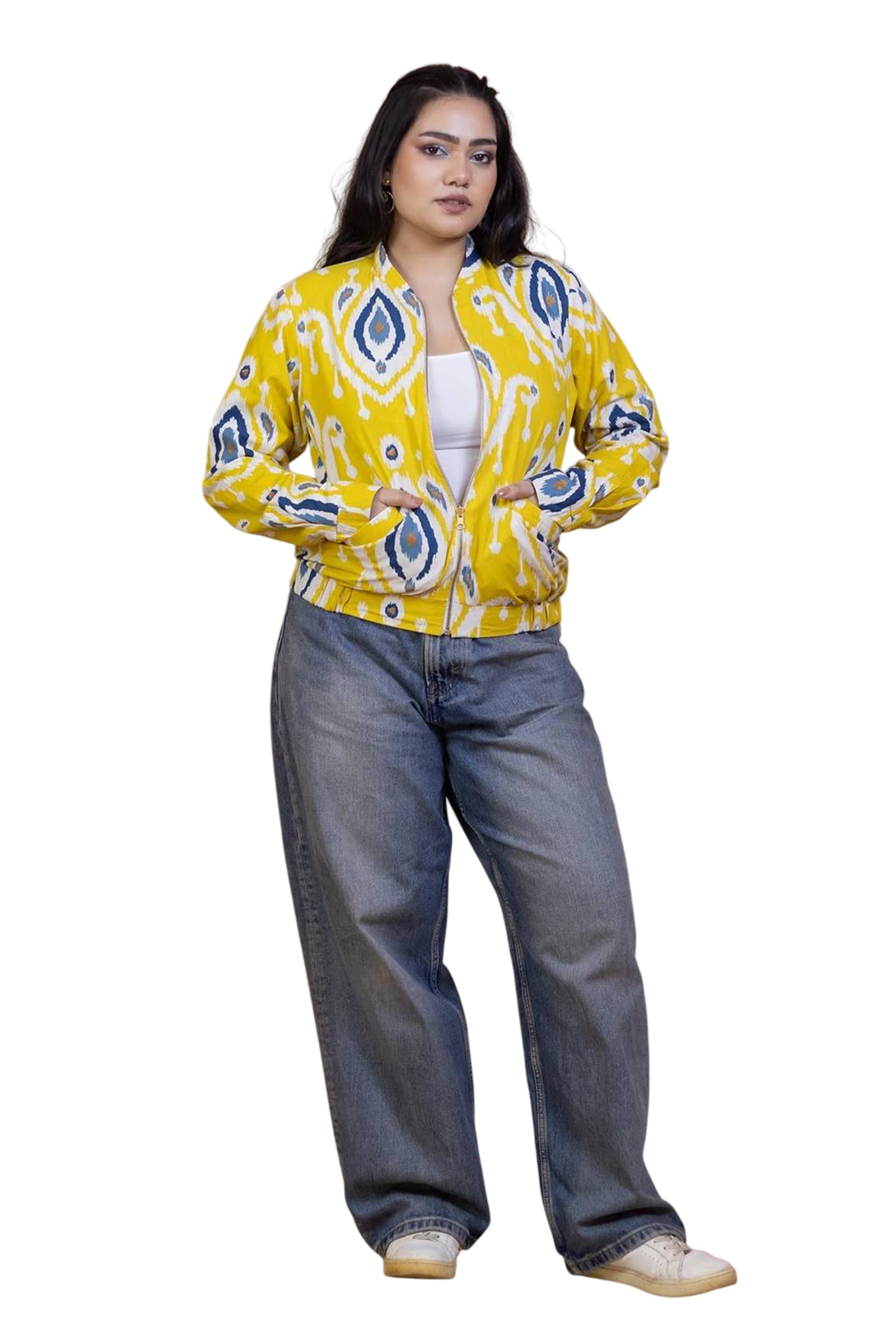 zlaata Women’s Cotton Reversible Jacket | Ikat Printed Purple & Yellow Bomber Jacket | Mandarin Neck Zip Closure with Pockets-picture-37