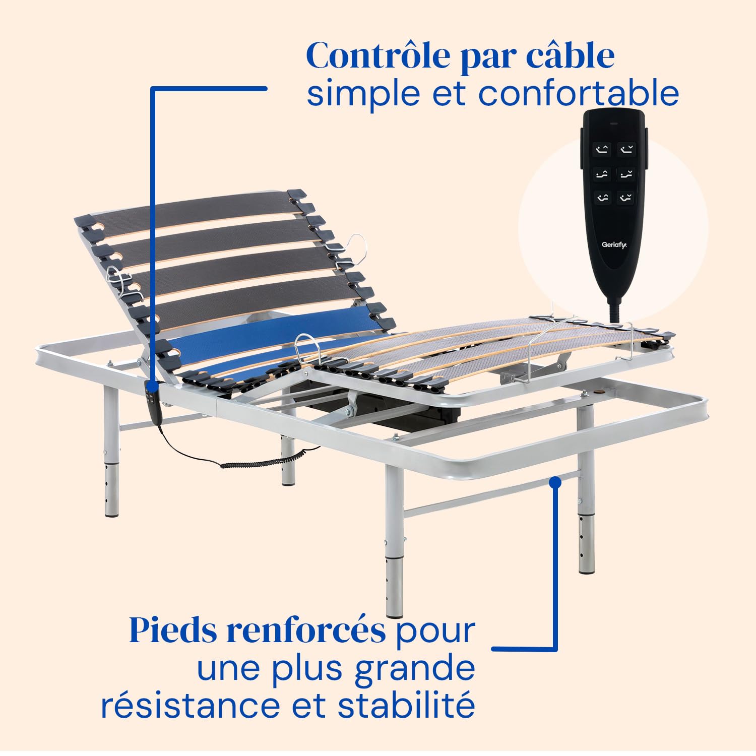 Geriafy – Pack Lit Électrique Renforcé avec Matelas Viscoélastique de 20 cm Tencel | Tissu Frais et Doux | Pieds Réglables en Hauteur (90x190 cm, Contrôle par câble)