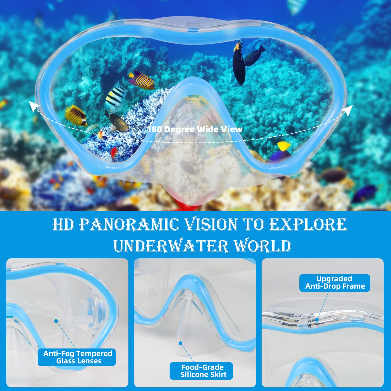 Set da snorkeling per bambini, pinne regolabili + maschera panoramica + tubo da snorkeling asciutto + borse da viaggio - adatto per bambini e ragazzi, età 5-14 anni