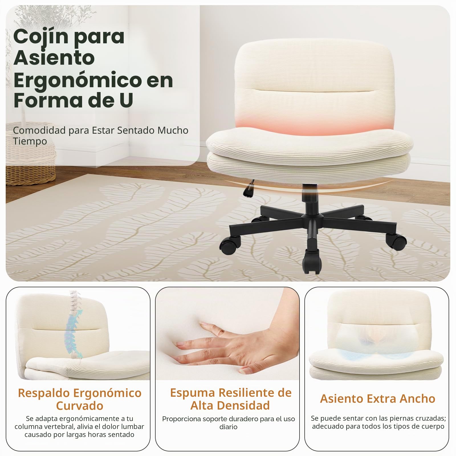 Durrafy Silla Oficina Ergonómica Sin Reposabrazos Beige, Silla Tocador y Maquillaje, Asiento Ancho para Piernas Cruzadas, Altura Ajustable, Giratoria 360°, Ruedas Silenciosas, Capacidad 136 kg