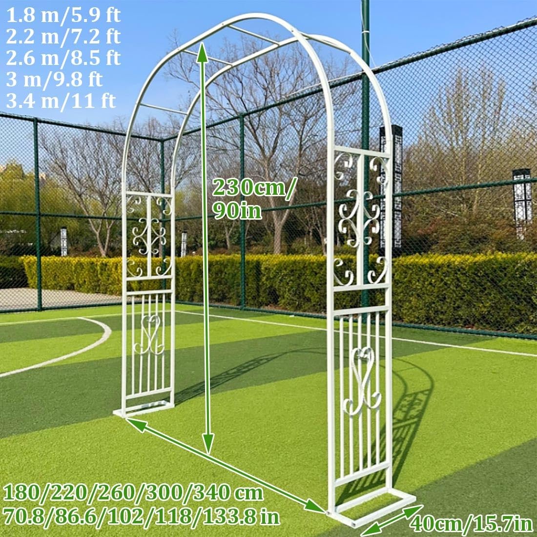 Stalowa altana ogrodowa na wesela, metalowa kratka do roślin pnących, wysokość 2,3 m x 1,43,4 m szerokości, elegancki biały design na ceremonię i dekorację imprezową