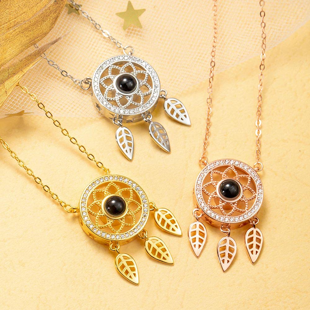 Custom Photo Projection Necklace Gift for Her - Sterling Silver Personalized Photo Picture Necklace Gift for Wife Mom Girlfriend - Dream Catcher Necklace Wedding Gift, Rose Gold