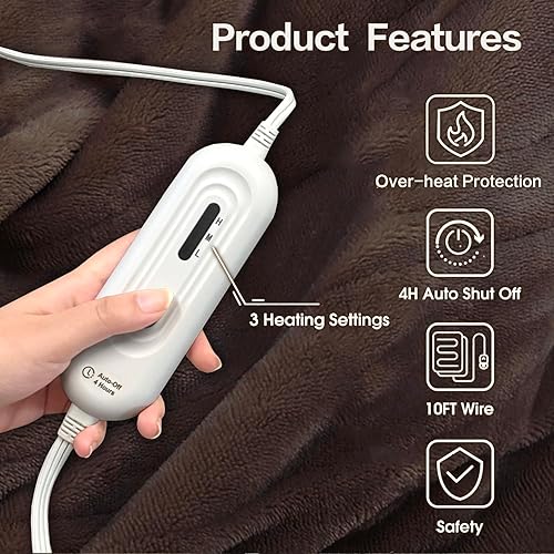 Miniatura 3 de Tefici Electric Heated Blanket Throw, Super Cozy Soft 2-Layer Flannel 50" x 60" Heated Throw with 3 Heating Levels & 4 Hours Auto Off, Machine