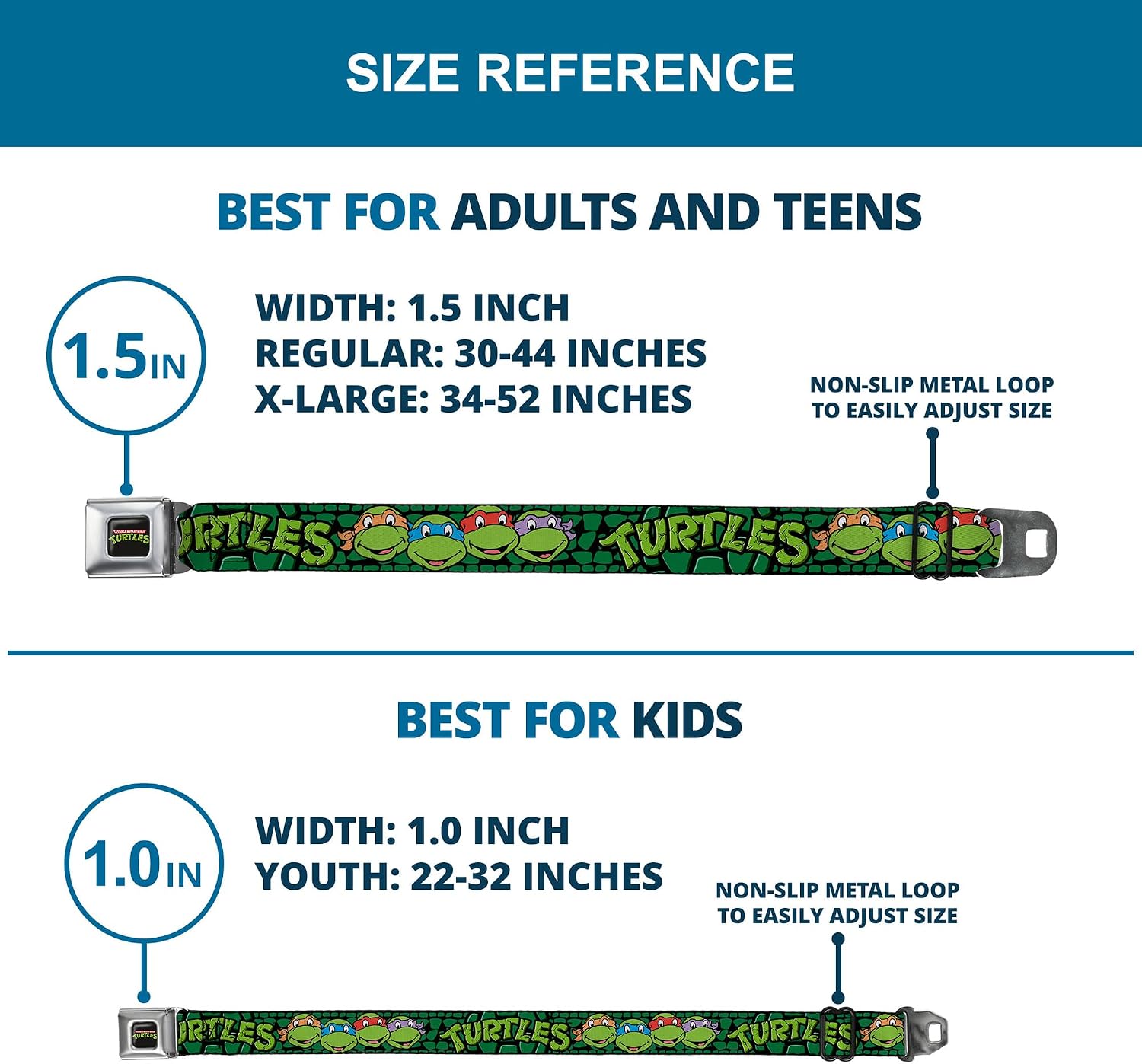 Nickelodeon Belt, Seatbelt Buckle Belt, TMNT Ninja Turtles Group Faces Turtle Shell Black Green, Adjustable