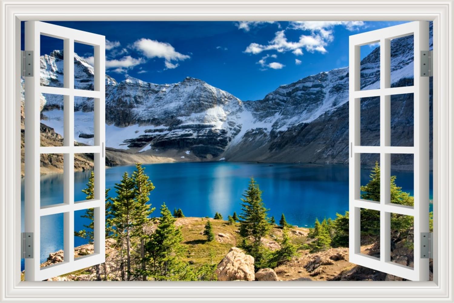 Wall Sticker Wallpaper Beautiful Mountain and Lake Out of Window View Nature Wilderness Landscape Wall Paper Kitchen Wall Decor Decals Self Adhesive
