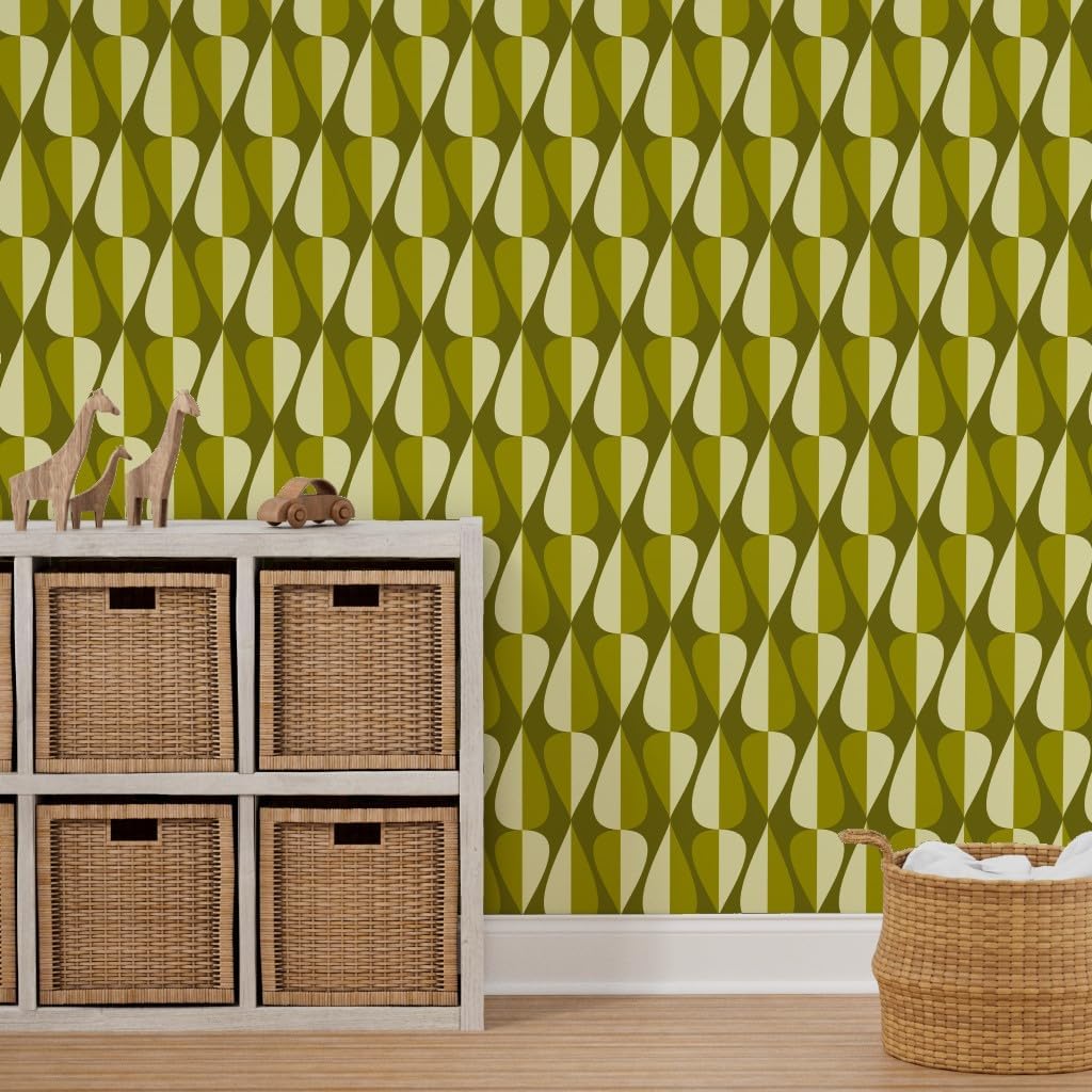 Peel & Stick Wallpaper 3ft x 2ft - Green Retro Spades Mid Century Modern Vintage Cool 70S 60S Avocado Hourglass Teardrop Oval Custom Removable Wallpaper by Spoonflower