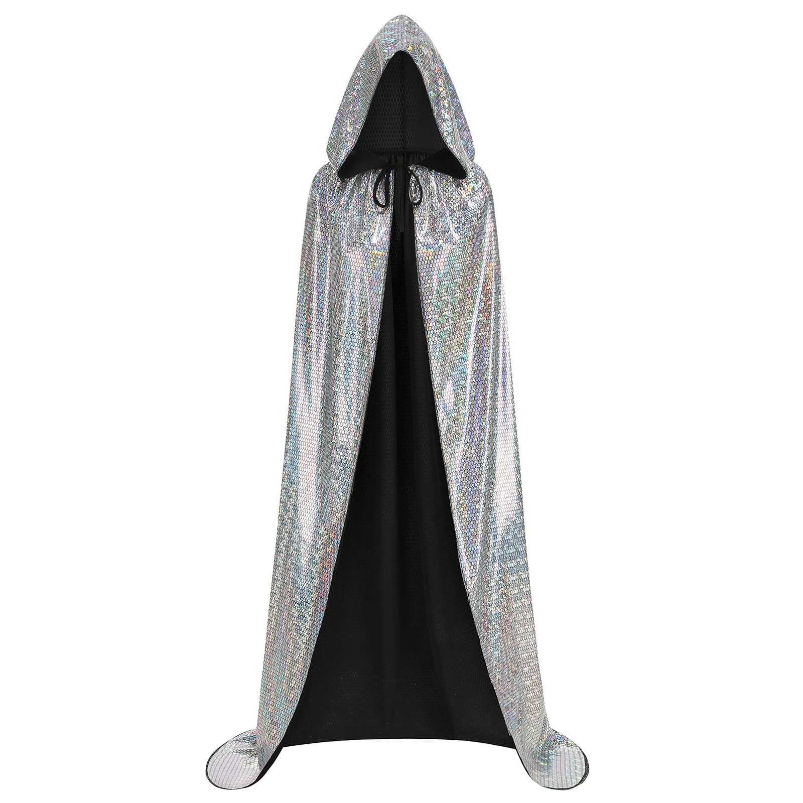 HAPNBCELE Adults Glittering Cape Glitter Hooded Cloak, Bling Bling Shiny Fancy Dress for Halloween Christmas Carnival Party (Silver, 120cm/47.3")