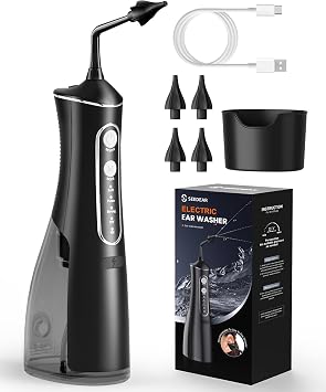 Electric Ear Wax Removal Kit, IPX7 Waterproof Ear Irrigation System, 4 Pressure Modes, 300mL Large Tank, 4 Reusable Soft Tips, for Adults & Kids, Safe Home Ear Cleaning Tool Black