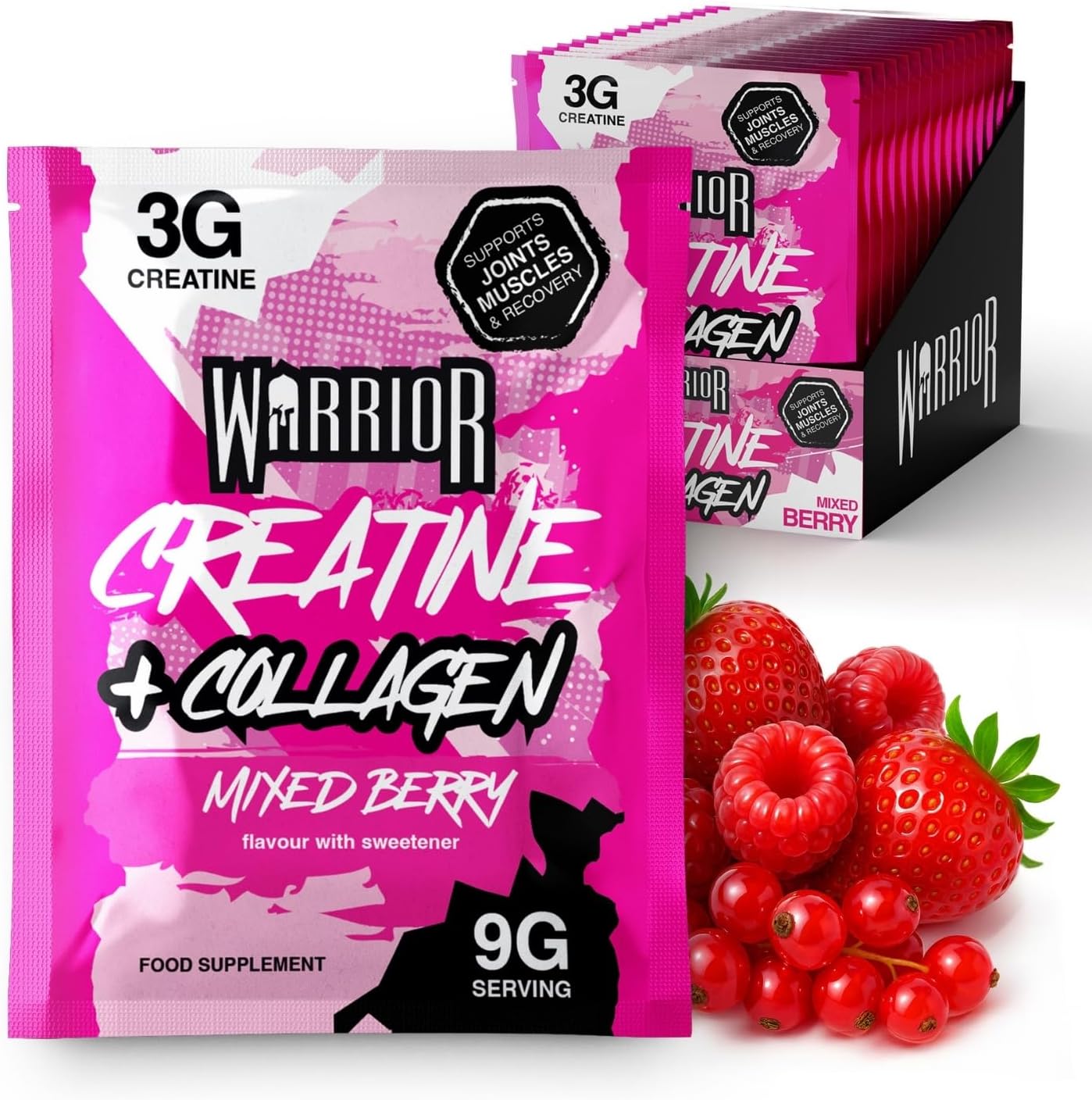 Warrior Creatine Plus Collagen Sachets, Hydrolysed Collagen Peptides with Creatine Monohydrate for Muscle, Joint and Skin Support, Zero Sugar On-The-Go Recovery Drink Mix, 15 Sachets