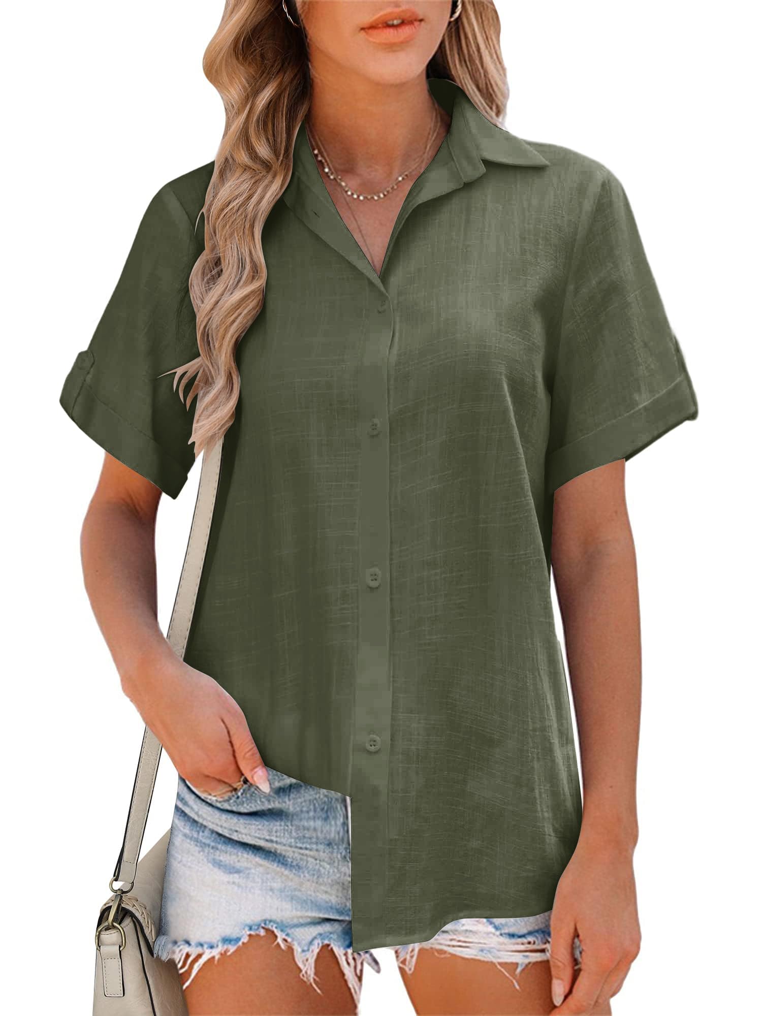 Friptspyg Bluse Damen Sommer Lässiges Kurzarm Hemdbluse V-Ausschnitt 100% Baumwolle Solide Blusenshirt Elegant Oberteile