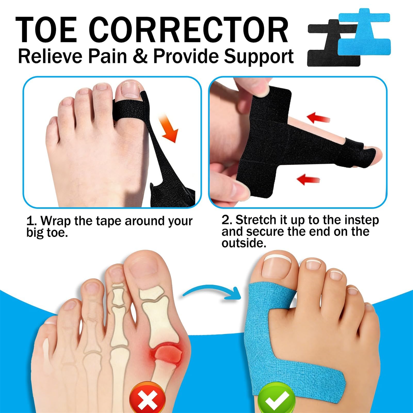 50 Piezas Cinta Kinesiológica para Hallux Valgus, Precortadas Vendaje Precortado para Hallux Valgus, para Dedos y Pies Mujeres y Hombres, Suave, Transpirable y Delicada (Negro y Azul)