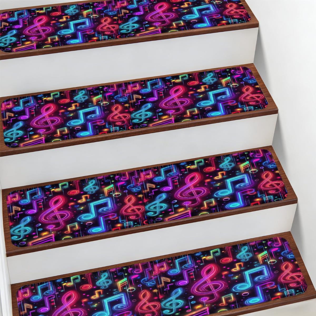 Alfombra para escaleras Mexpekil de 7.8x30" con diseño de notas musicales de neón