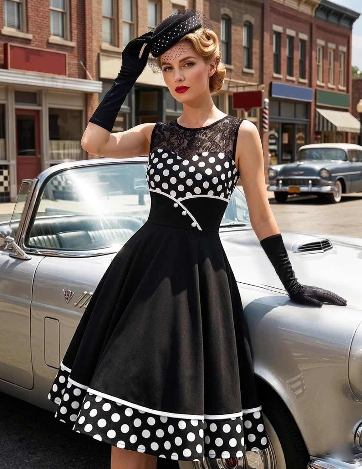 Bbonlinedress Women's 50s Vintage Floral Lace Retro Rockabilly Sleeveless Round Neck Cocktail Party Swing Dress