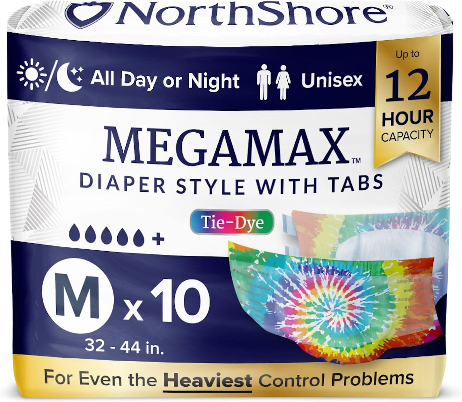 NorthShore MegaMax Adult Overnight Diapers, 12-Hour Tab-Style, Medium, 10 Count Bag, Tie-Dye, 32-44 inches, Unisex Incontinence Underwear