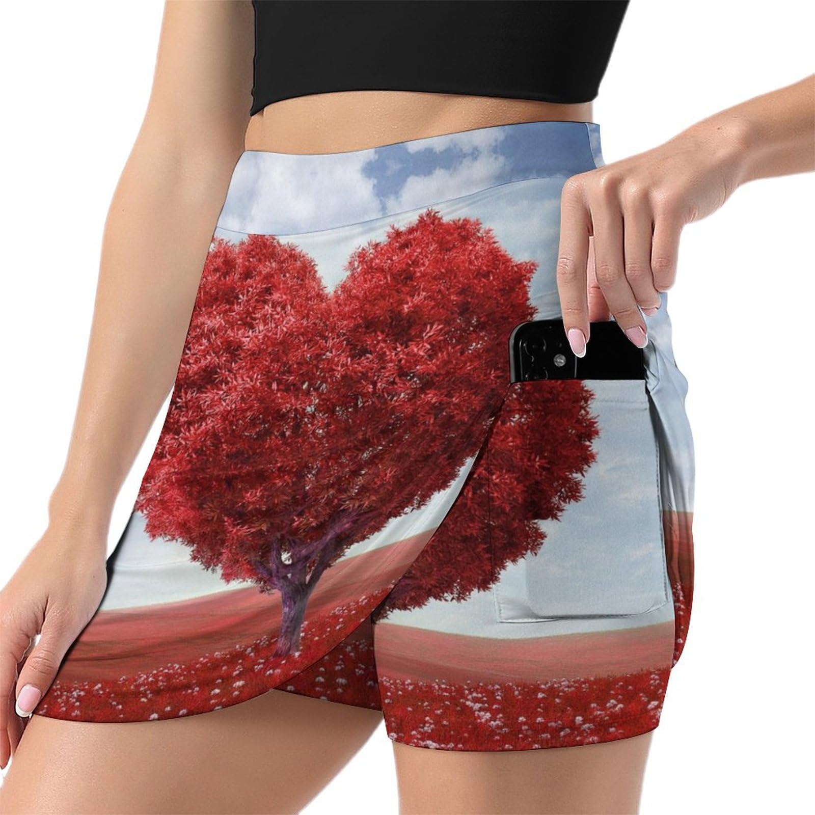 Mini jupe de course rouge extensible Arbre d'amour avec poche intégrée - 8