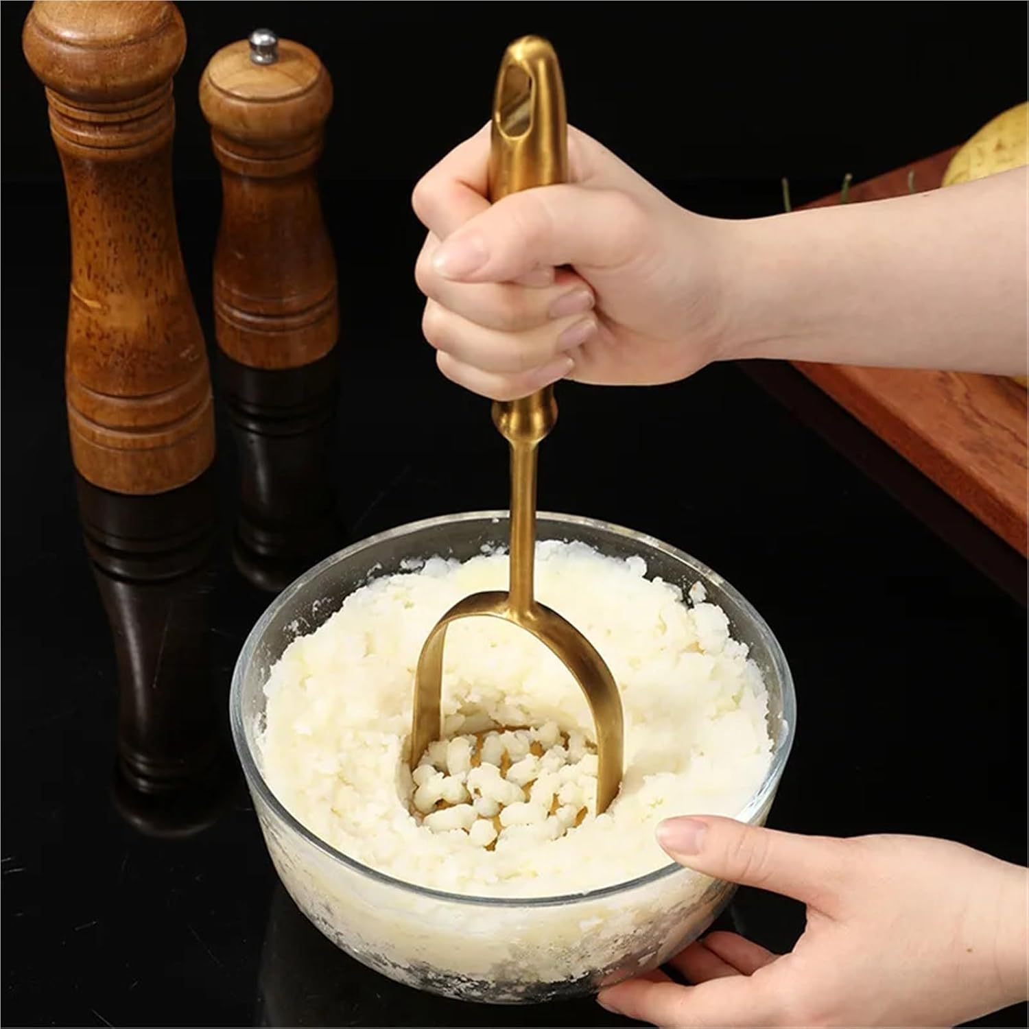 Stainless Steel Potato Masher and Ricer Manual Press and Mash Household Kitchen Gadget(Gold L)