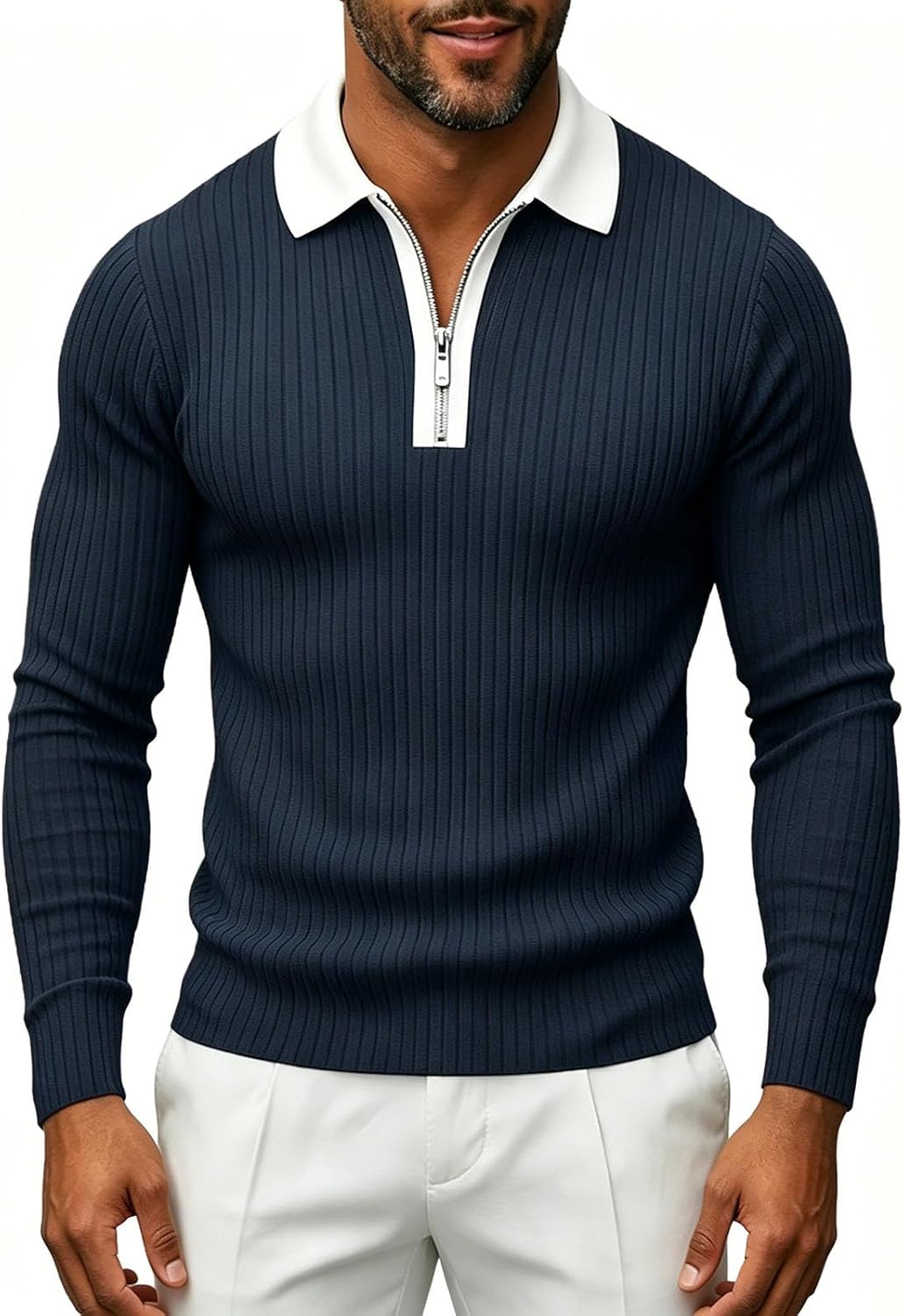 Men Half Zip Polo Shirt Long Sleeve Collared Fitted Quick Dry Top Athletic Casual Fall Winter Breathable Sweatshirt
