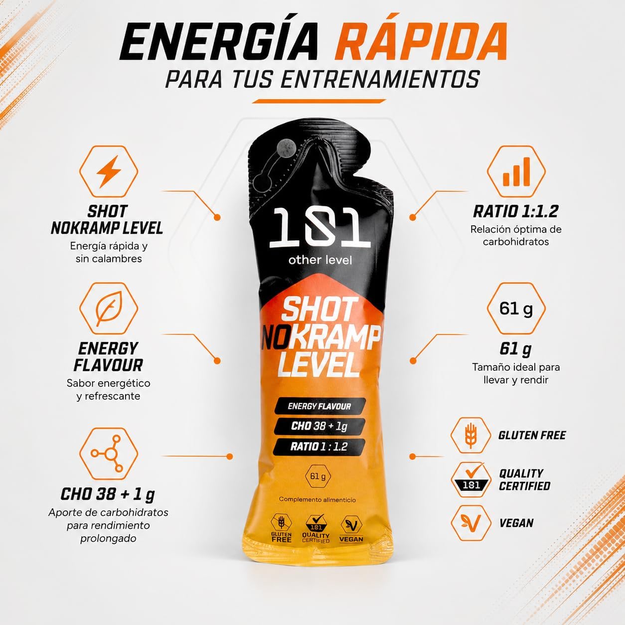 Shot No Kramp Pack 24 Geles de 61 gr - Sabor Energy - Anticalambres Musculares Líquido para Ciclismo, Running y Trail - Electrolitos de Rápida Absorción