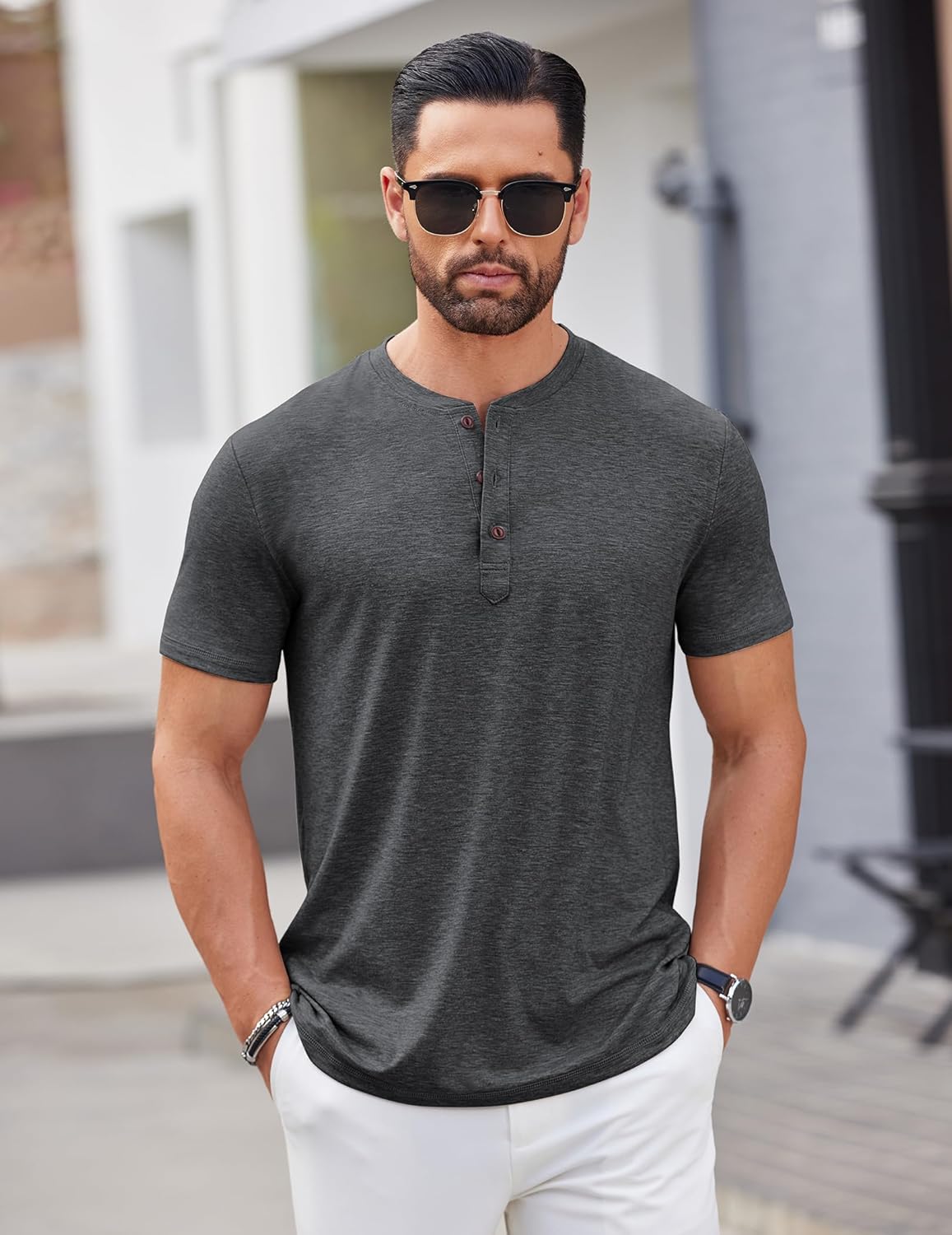 COOFANDY Men's Henley Shirts Short Sleeve Casual Basic Tee Summer Button Henley Soild T Shirts - Image 4