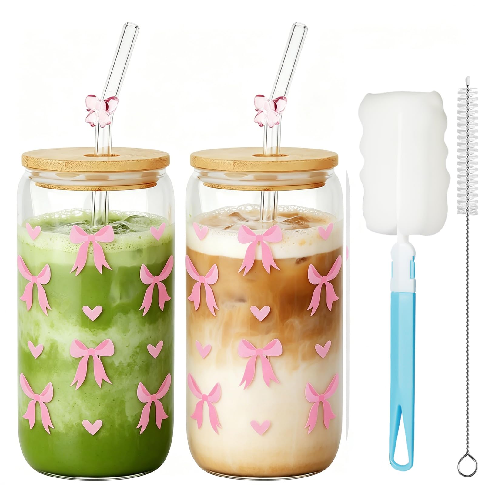Mssushi 2Pcs Bow Glass Cups with Lids and Straws, 16OZ Cute Clear Iced Coffee Cup, Aesthetic Gifts for Girls, Birthday Gifts for Women, Matcha Cups for Bubble Tea, Juice (Plue Bow & Heart)