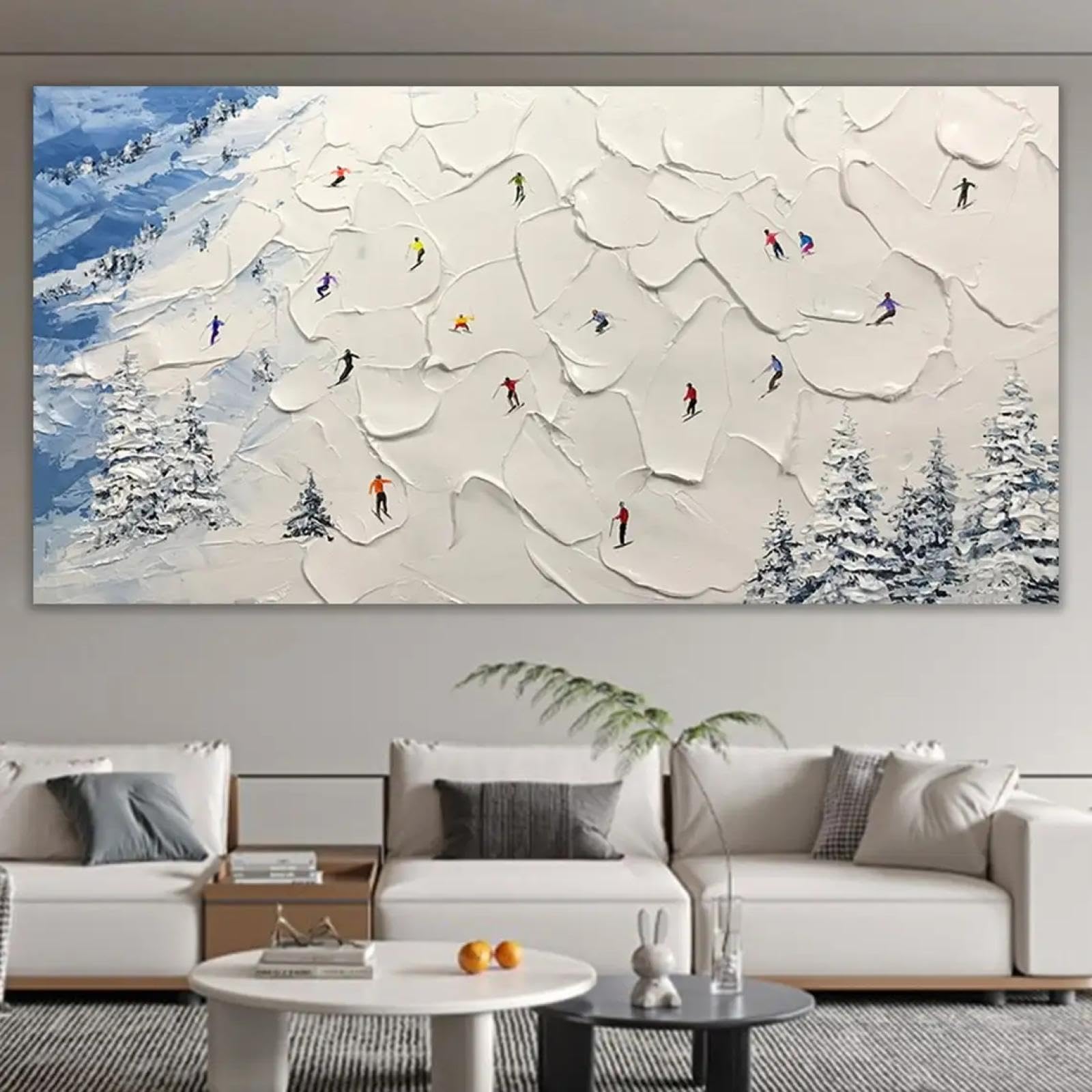 KEMEIQI Ski Sport Painted Oil Painting on Canvas Winter Decor Texture Wall Art Personalized Gift Skier on Snowy Mountain Home Decor 50x100cm Frameless