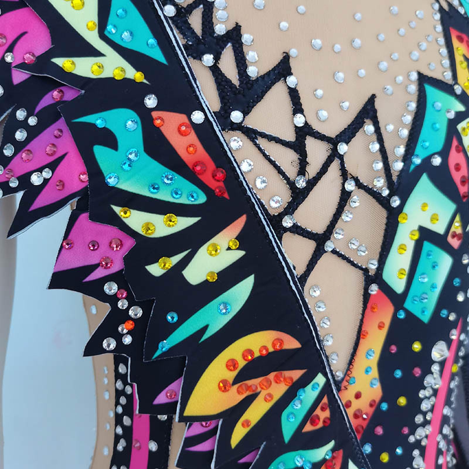 LIUHUO Maillot de gimnasia rítmica con estampado de color, mangas de malla negra, rendimiento de competición