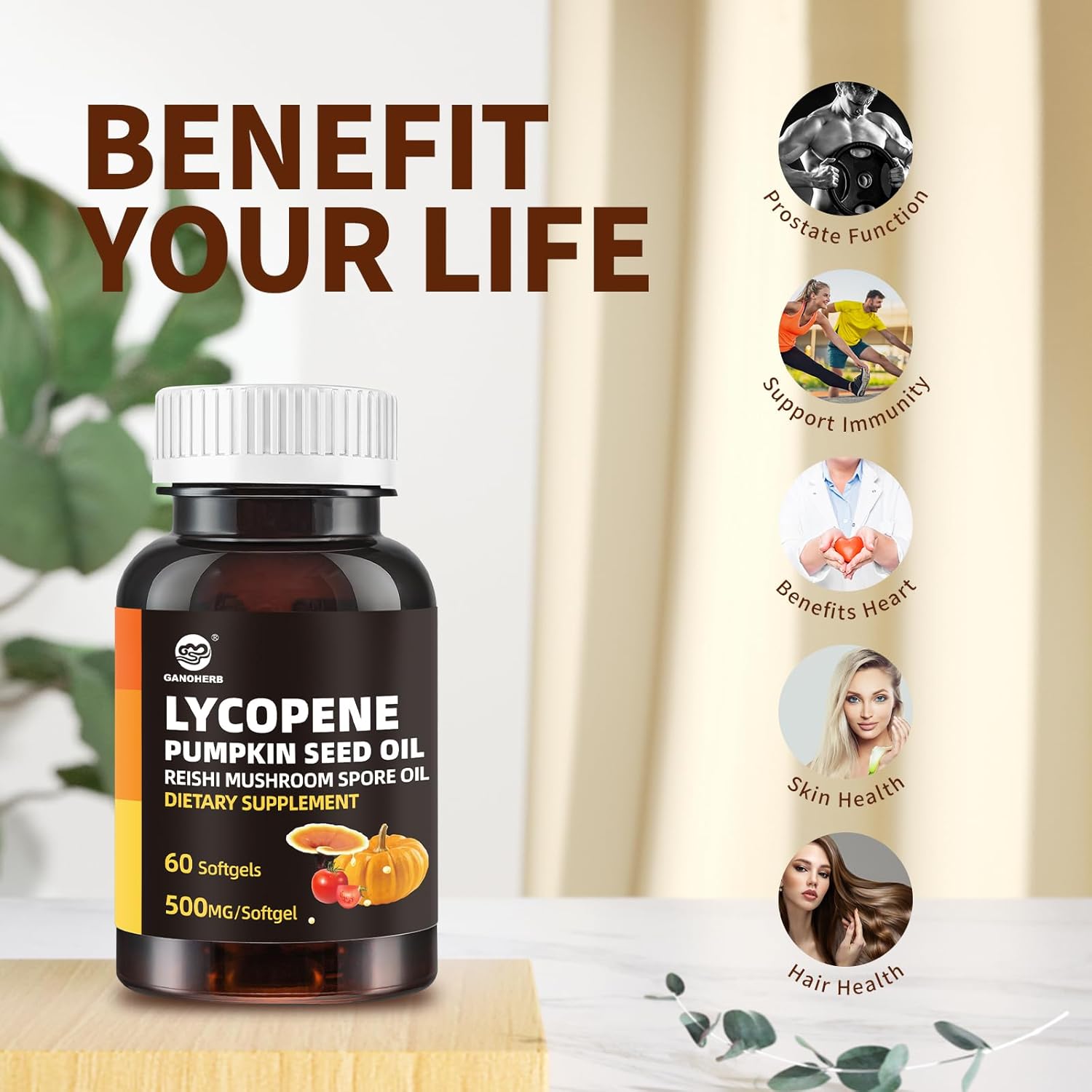 Pumpkin Seed Oil Capsule Lycopene Supplement, Cold Pressed Pumpkin Seed 3 in 1 Hair Growth Supplement with Reishi Mushroom Spore Oil for Urinary and Prostate Health, 60 Softgels