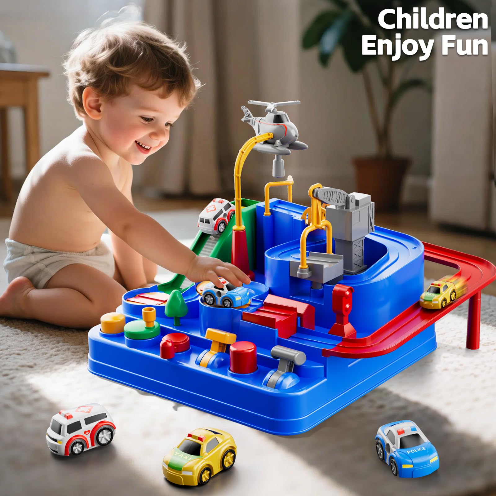 Car Race Track for Kids Ages 4-8, Kids Car Toys for 3 Year Old Boys, Race Track for Toddlers 1-3, City Set with 3 Small Cars and Helicopter, Educational Birthday Gifts