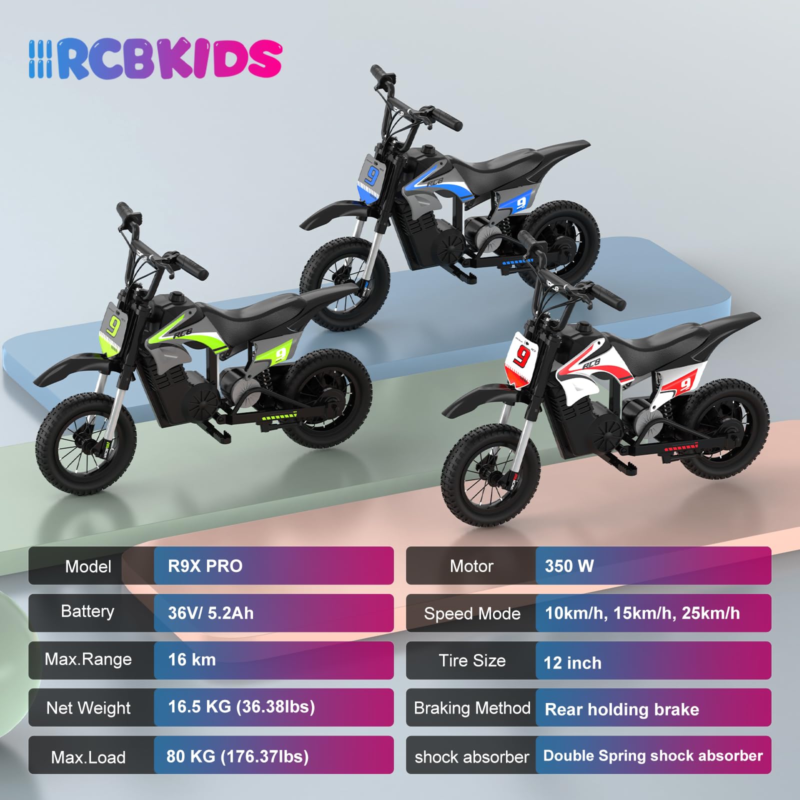 R9X PRO Elektro Motorrad Kinder, Elektromotorrad mit 350W Motor & 5,2AH Akku, 16km Reichweite, 10/15/25 km/h, Doppelstoßdämpfer, 12 Zoll Reifen, Drum-Bremse, Moto für Kinder bis 80kg (Grün)