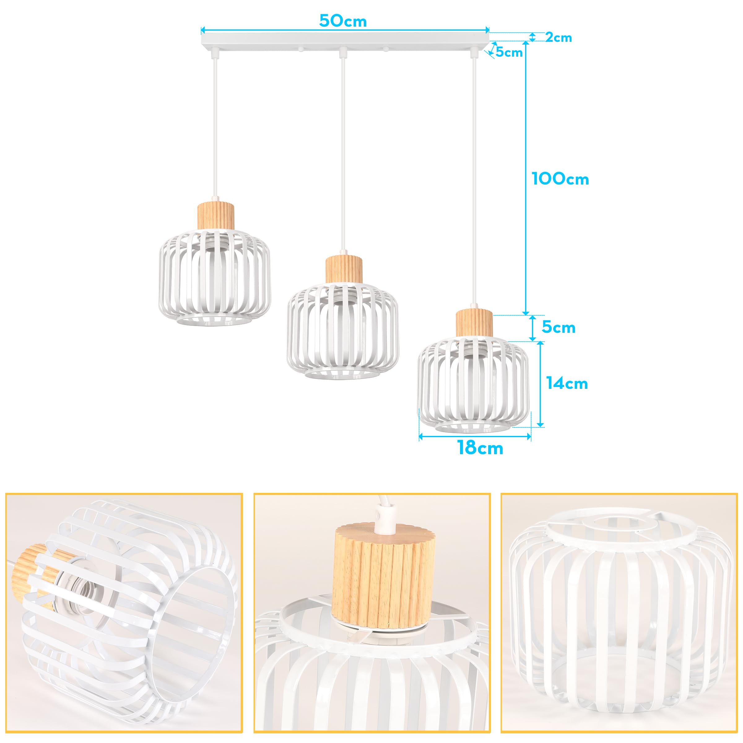 iDEGU 3 Luces Lámpara Colgante Vintage Lámpara de Techo en Madera y Metal Industrial Araña Colgante Diseño Jaula E27 Iluminación de Techo para Cocina Comedor Sala de Estar Restaurante (Barra, Negro)