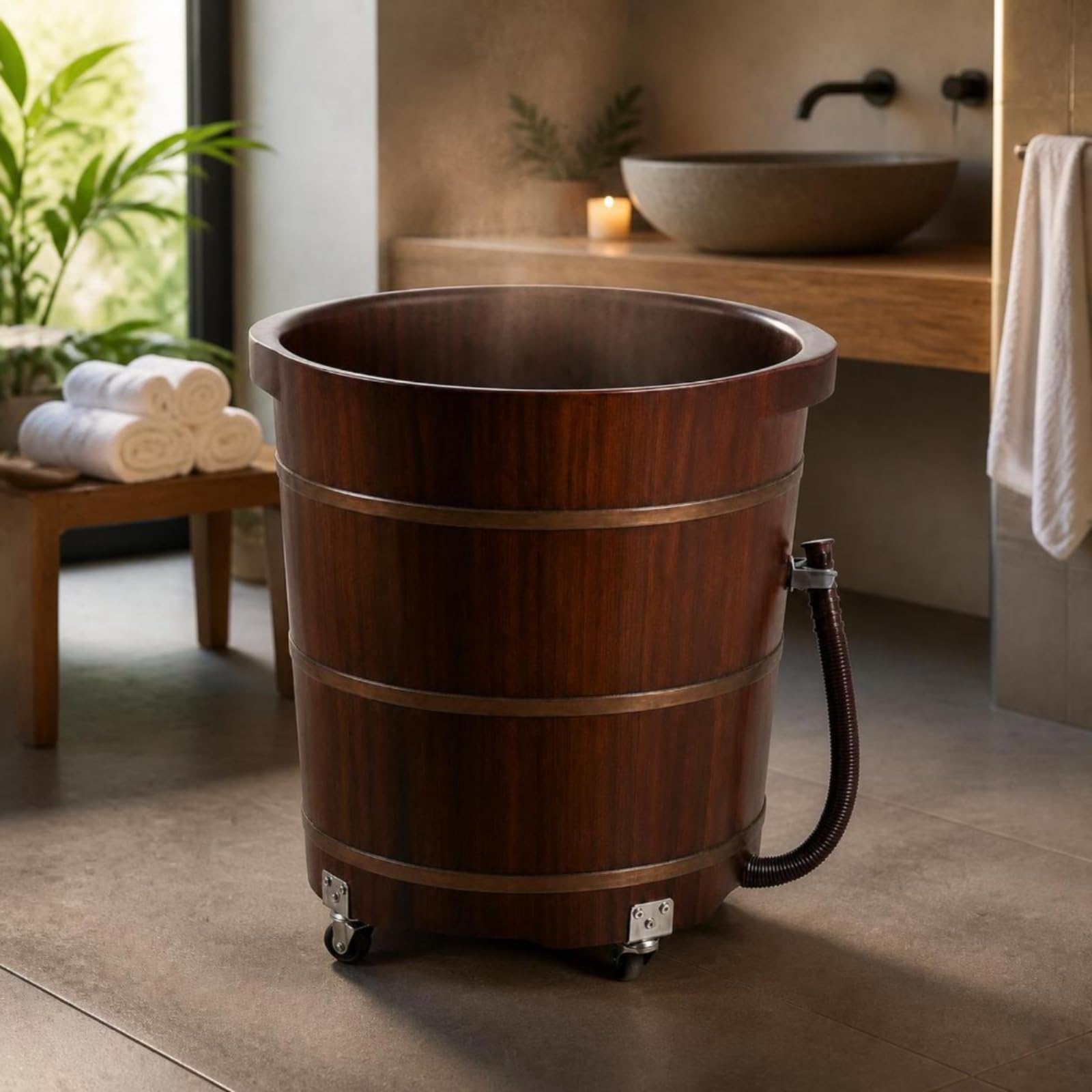 Fußbadezuber aus rustikal Fußbadewanne aus tief Fußbecken mit Ablaufschlauch für Pediküre, Badezimmer, 40 Cm, Pfirsichkernholz, Doppelohr, Mit Rollen, 40 Cm Hoch