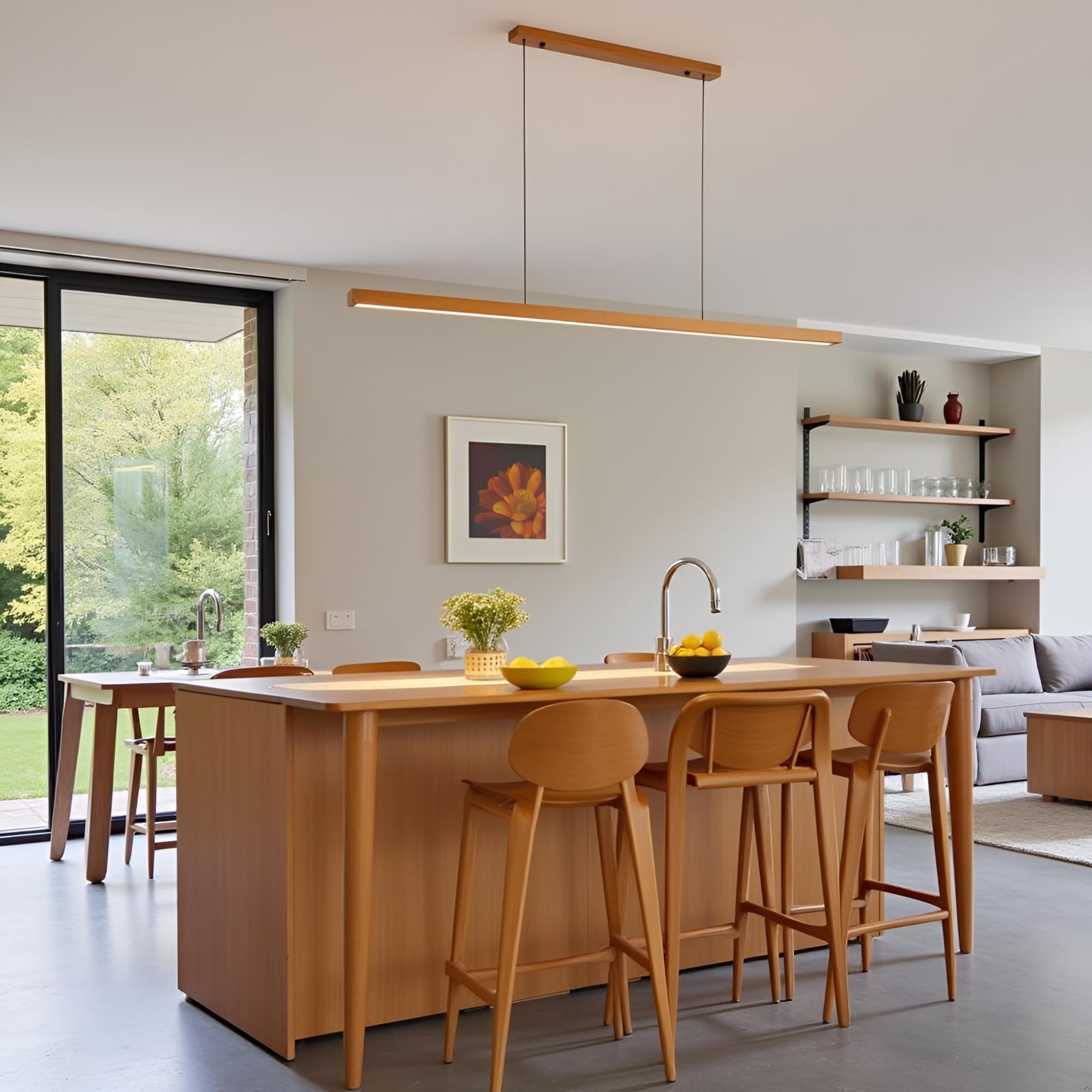NVKE LED Pendelleuchte esstisch holz Dimmbar Linear Design Hängeleuchte Esstisch lampe Lineare Hängelampe mit Fernbedienung höhenverstellbar Kronleuchter für Esszimmer Küche Büro Lampe(120cm)