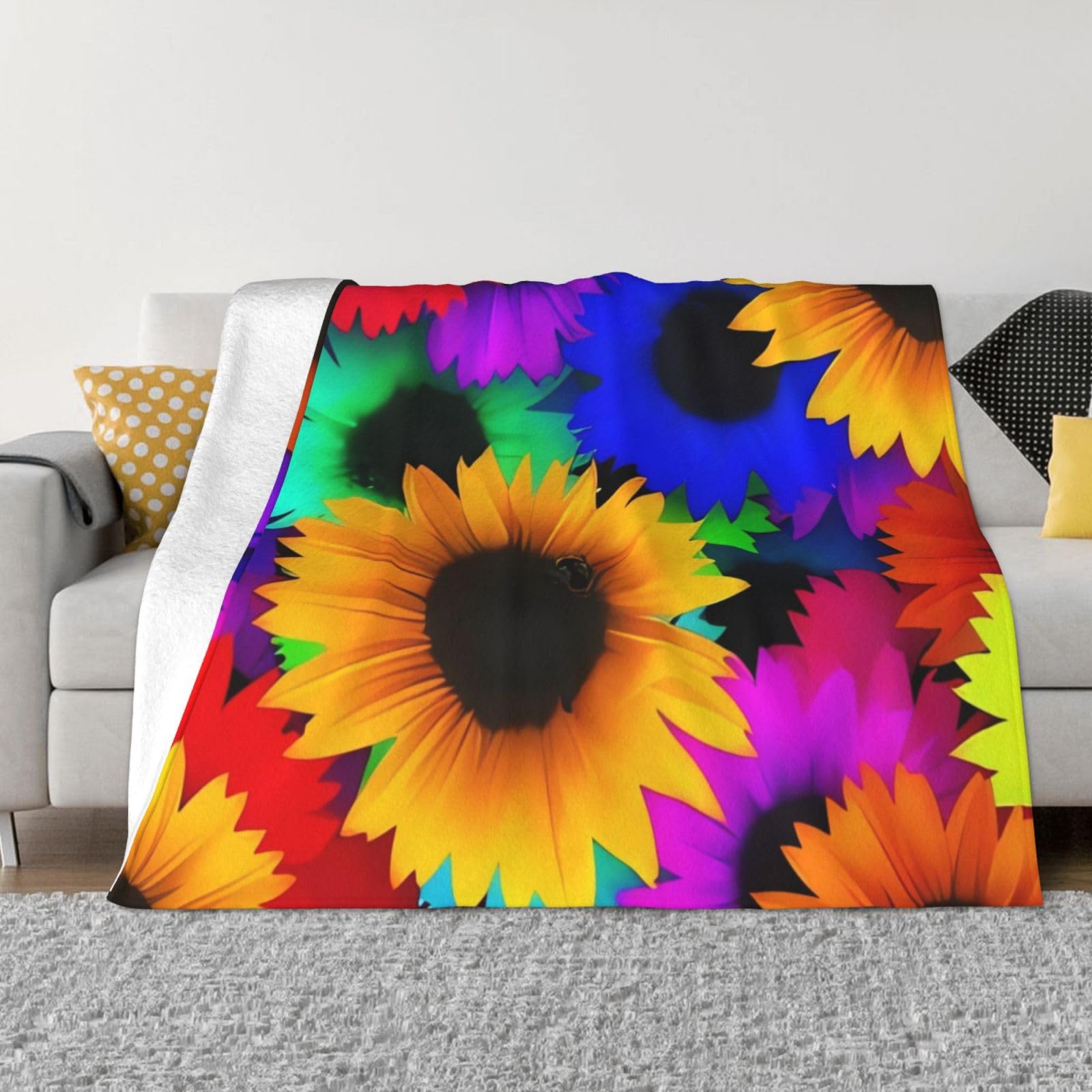 Plaid polaire en flanelle douce, nid de chaleur réconfortant motif tournesol multicolore