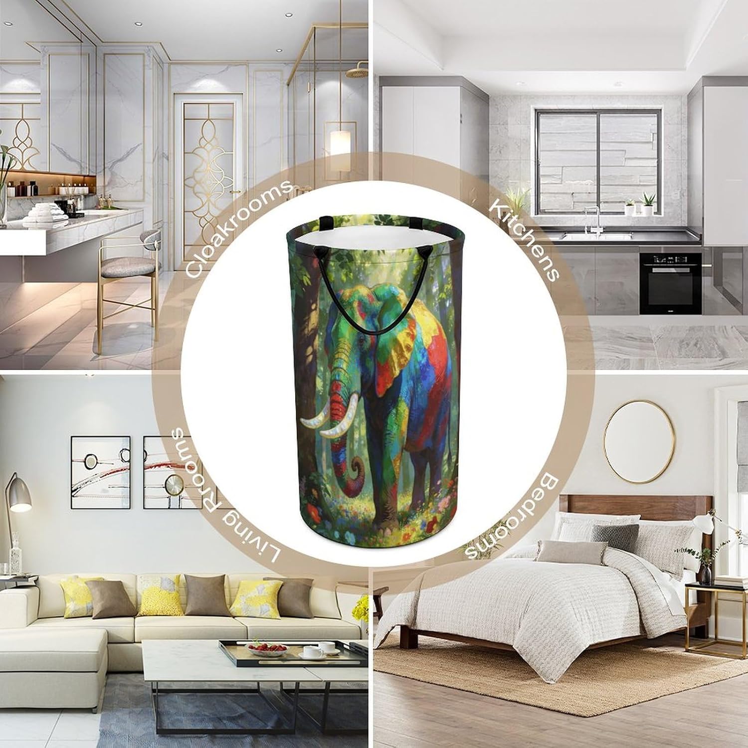 Colorful Forest Elephant Laundry Hamper 86L Waterproof Collapsible Clothes Basket with Double Handles Freestanding Foldable Laundry Basket Large Clothes Hamper for Bathroom