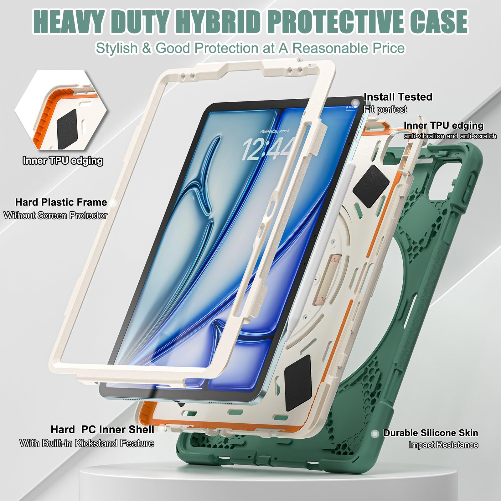 Kompatybilny z etui iPad Air 13 cali M3 2025/ M2 2024, wytrzymałe, odporne na wstrząsy ochronne uchwytem długopis, pasek ramię, dla dzieci, silikonowe(Green 1)
