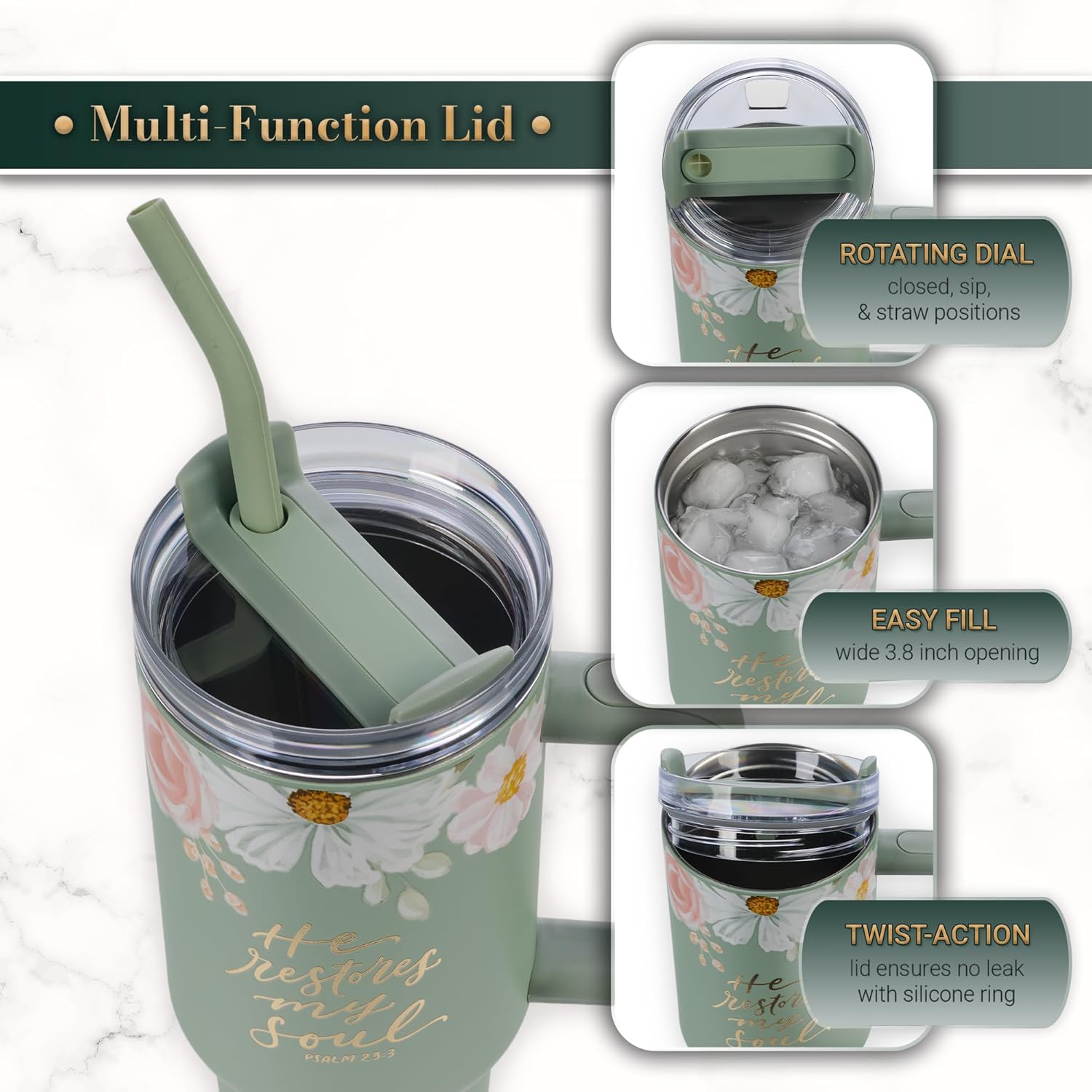Christian Art Gifts Inspirational Stainless Steel Double-Wall Insulated XL Travel Mug Tumbler Thermos for Women: He Restores My Soul Scripture, Reusable Straw, Twist Lid, Light Green Floral, 40 oz. - Image 5