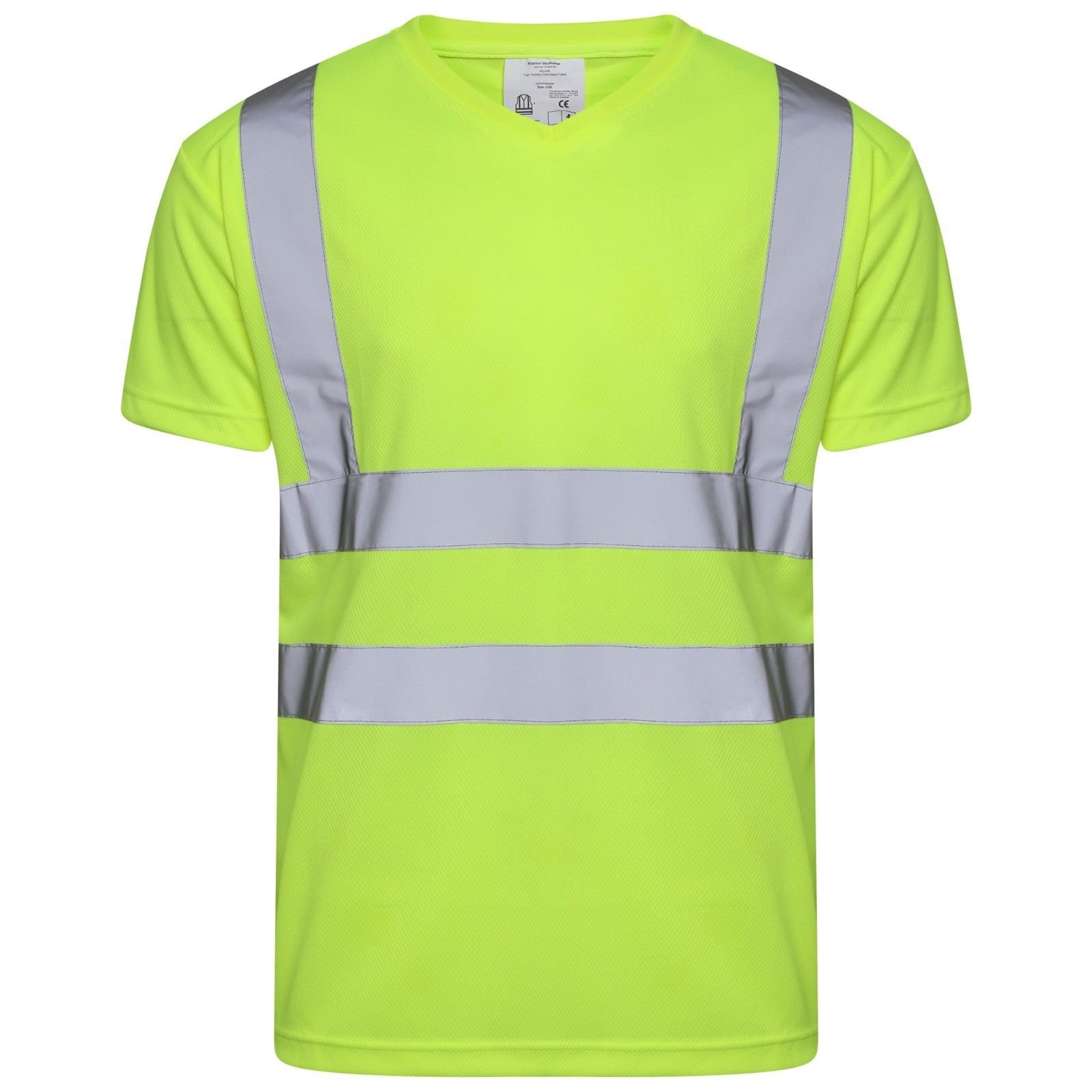 Shop OnlineStyle spot Hi Viz Vis V Neck T-Shirt | High Visibility Reflective Tape | Safety Security Work Top | Breathable Polyester | Regular Fit Short Sleeve